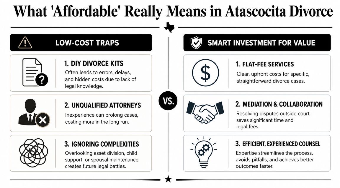 A comparison infographic showing low-cost divorce traps versus smart investment strategies for divorces in Atascocita.
