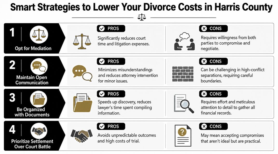 A list of four smart strategies to reduce divorce costs, including mediation, communication, organization, and settlement.