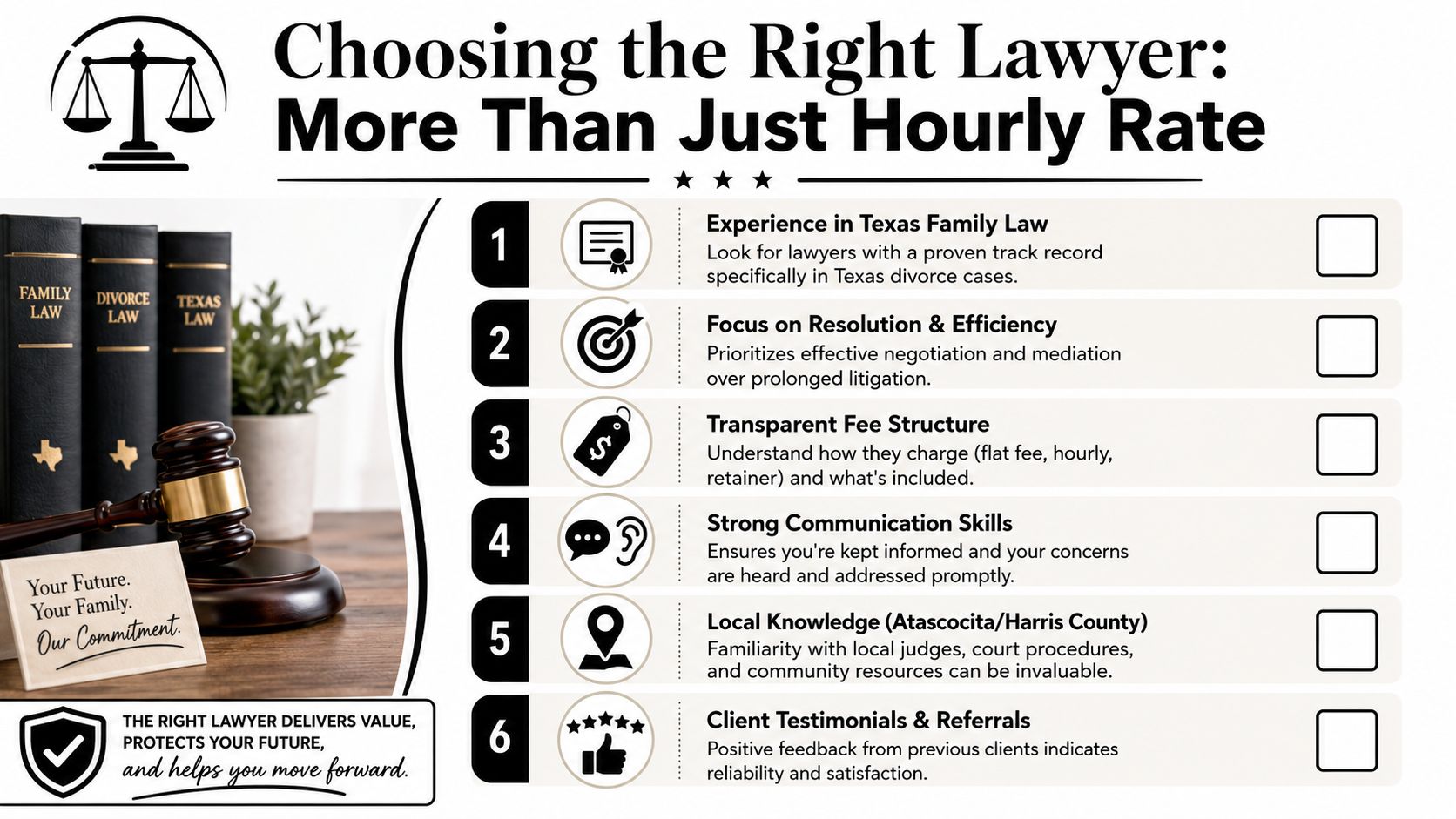 An infographic titled Choosing the Right Lawyer outlining six essential tips for selecting a family law attorney.