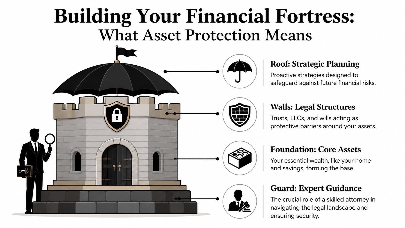 A visual guide illustrating asset protection concepts using a castle fortress metaphor with legal and financial terminology.