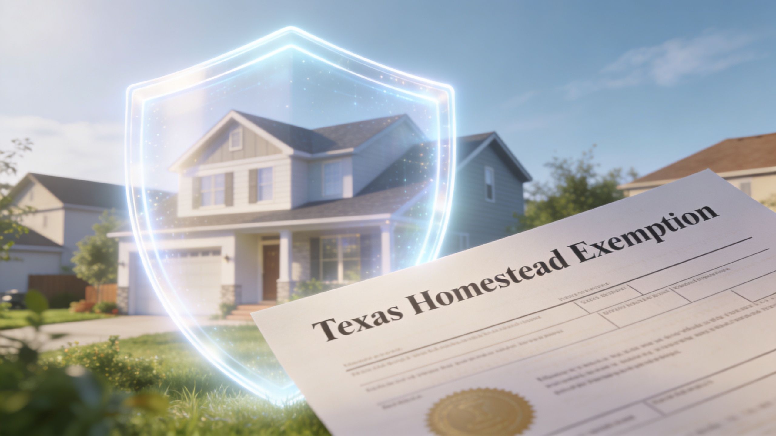 A document for a Texas homestead exemption held in front of a house protected by a digital shield.