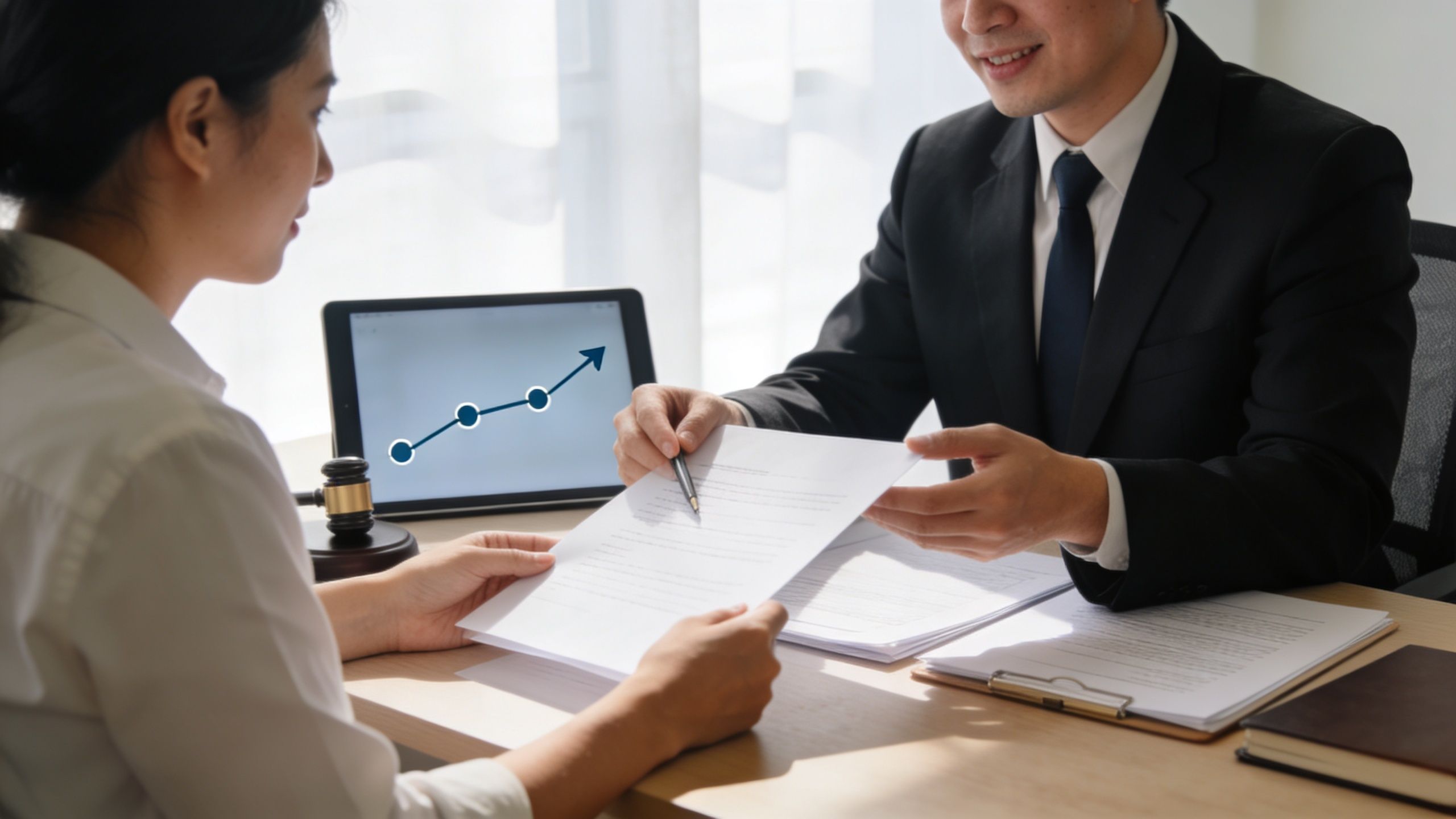 A professional attorney discussing legal documents with a client in a modern office setting.