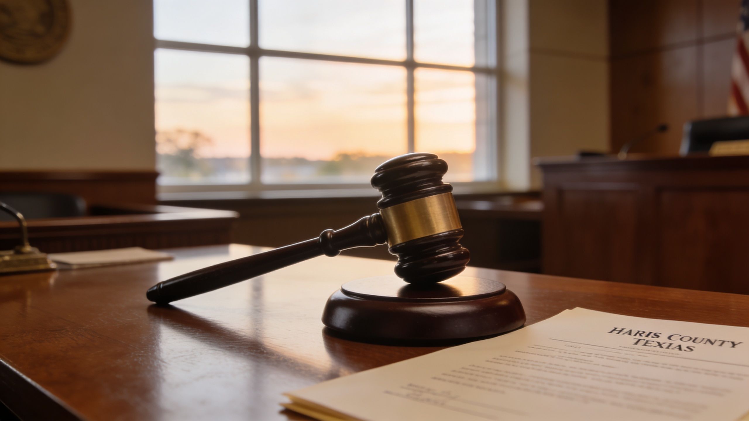 A wooden judge gavel resting on a table in a courtroom with a legal document.