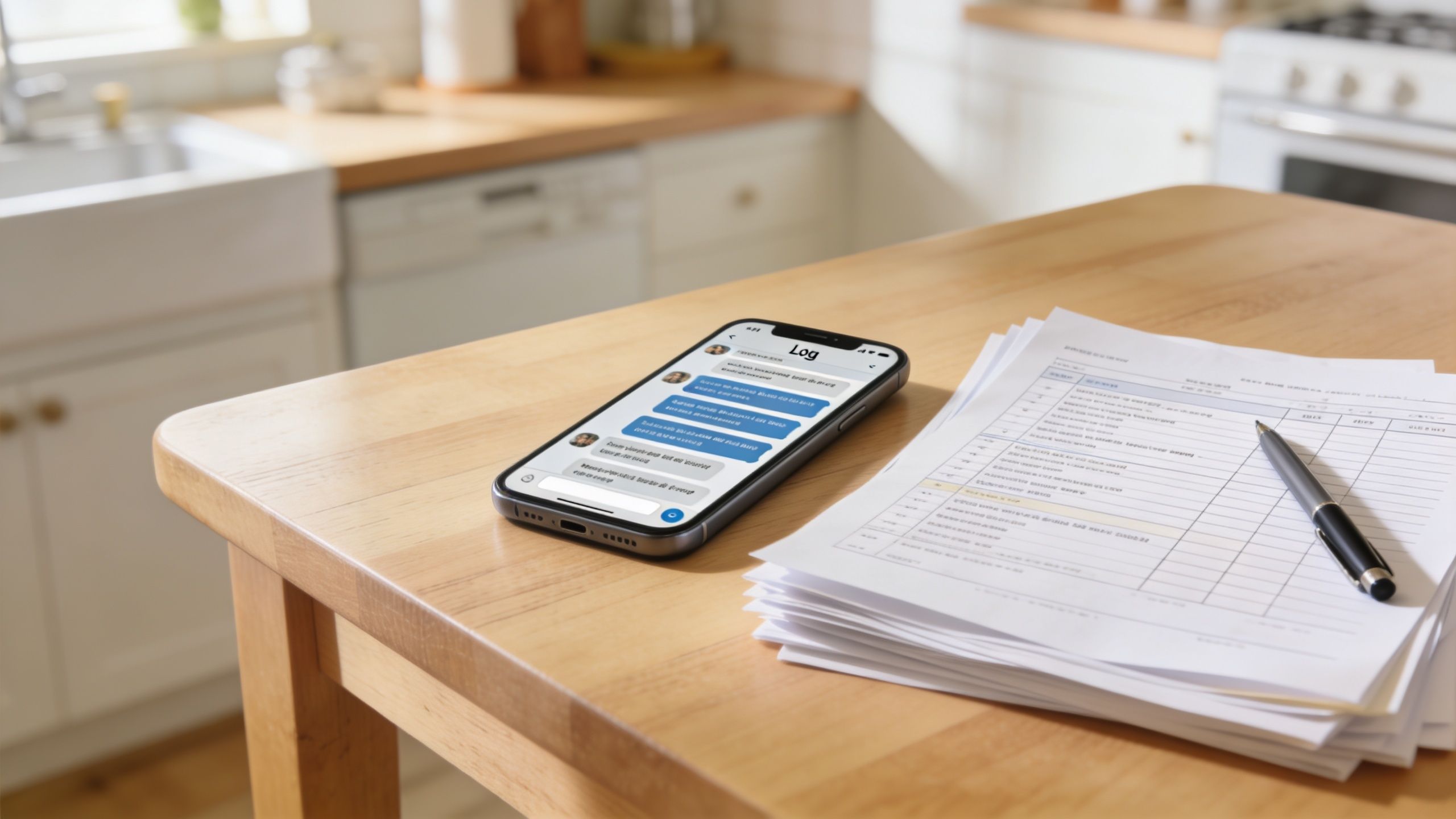 A smartphone showing a messaging app on a wooden kitchen table next to a pile of documents.
