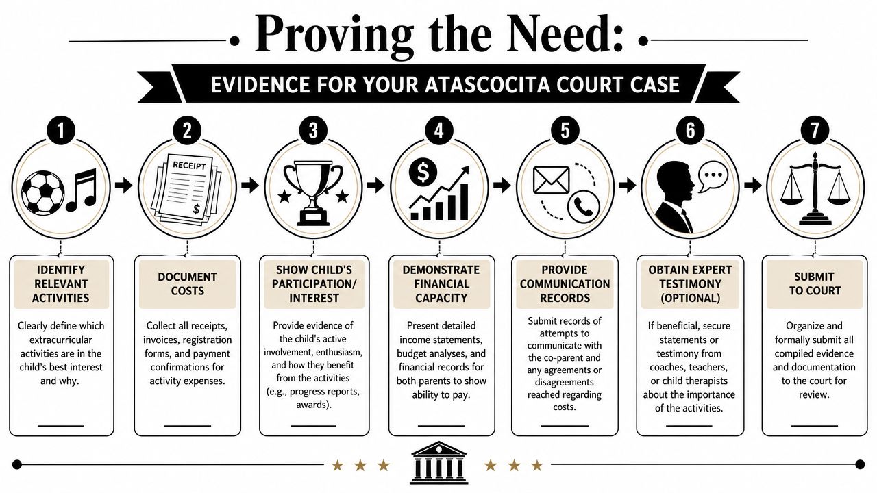 A seven-step infographic showing how to document evidence for extracurricular expenses in Atascocita court cases.