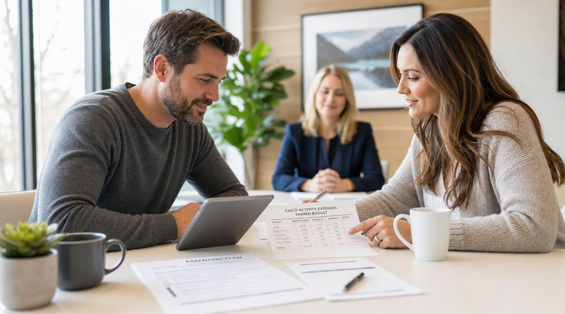 A couple reviews a child activity expenses budget document with a professional in an office setting.