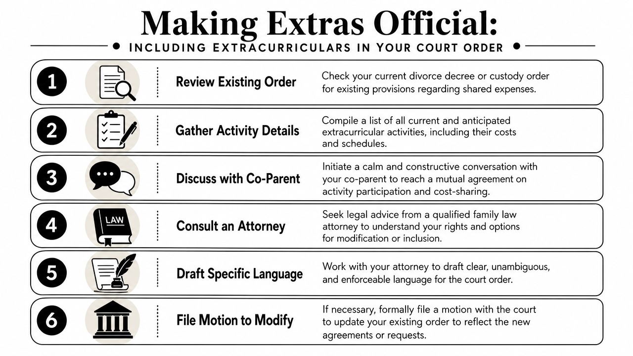 A six-step infographic guide on how to include extracurricular activity expenses in child support court orders.