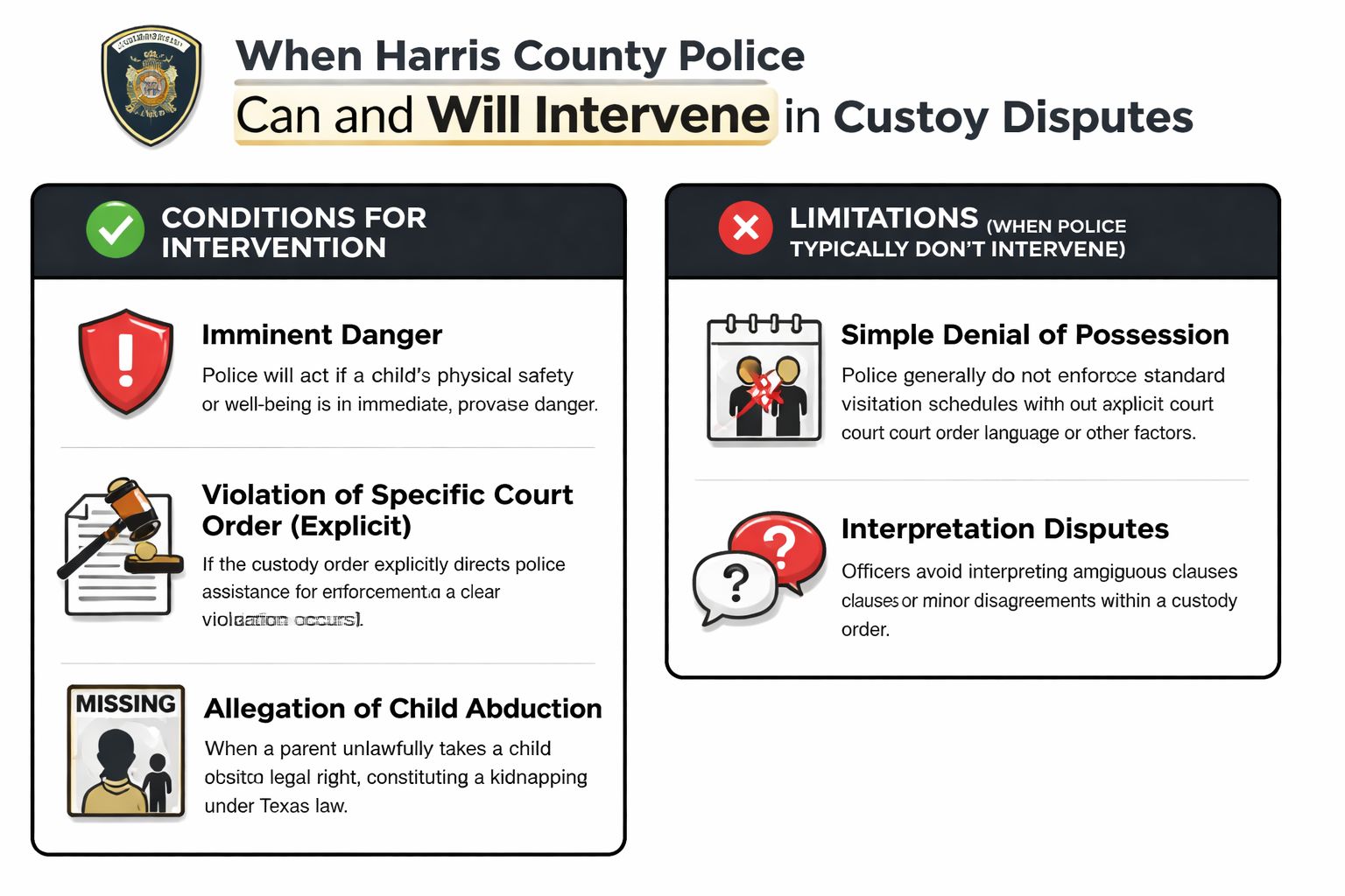An infographic detailing when Harris County Police will and will not intervene in child custody disputes.