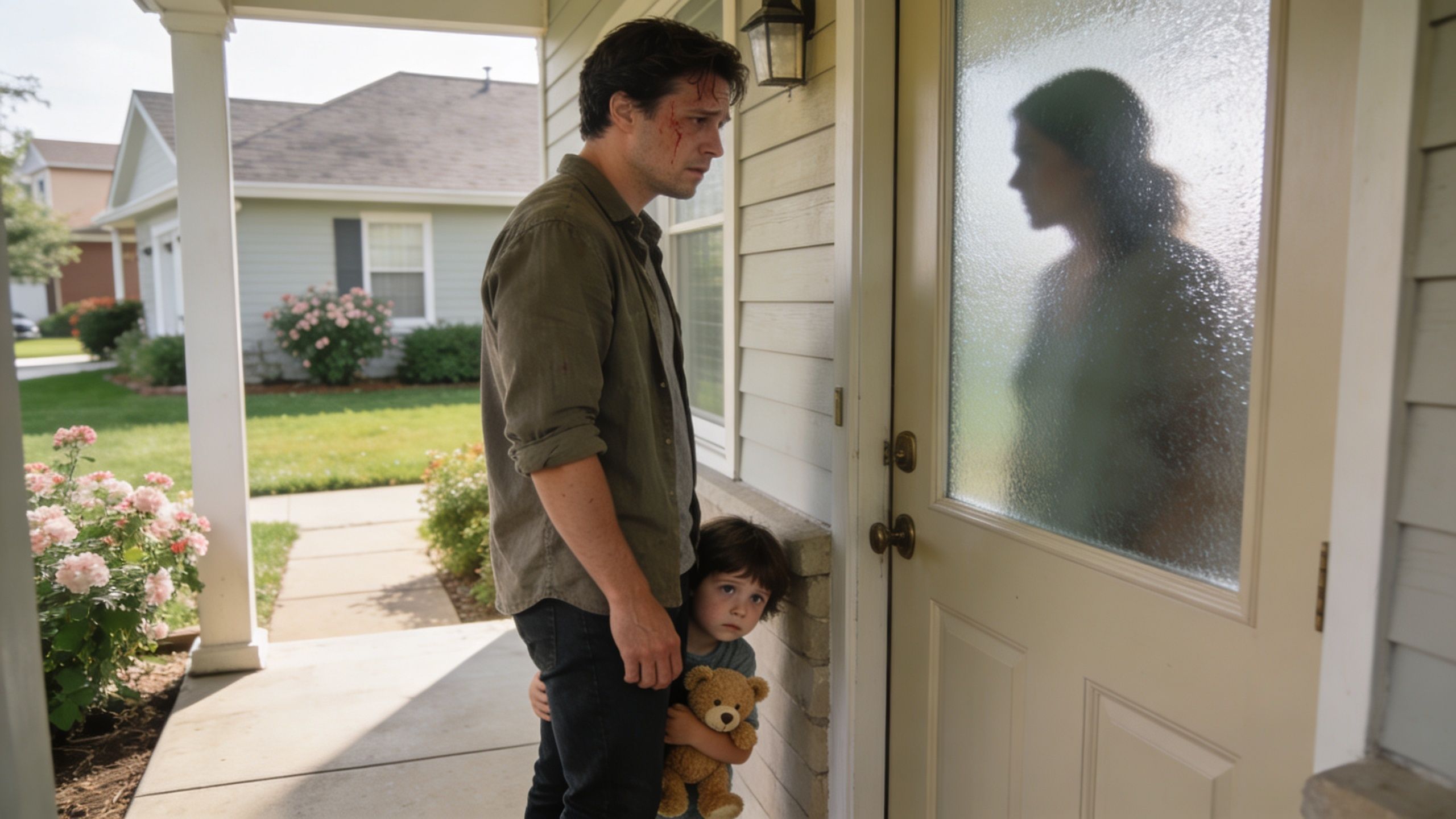 A man with a bloody face stands on a porch holding a young child with a teddy bear.
