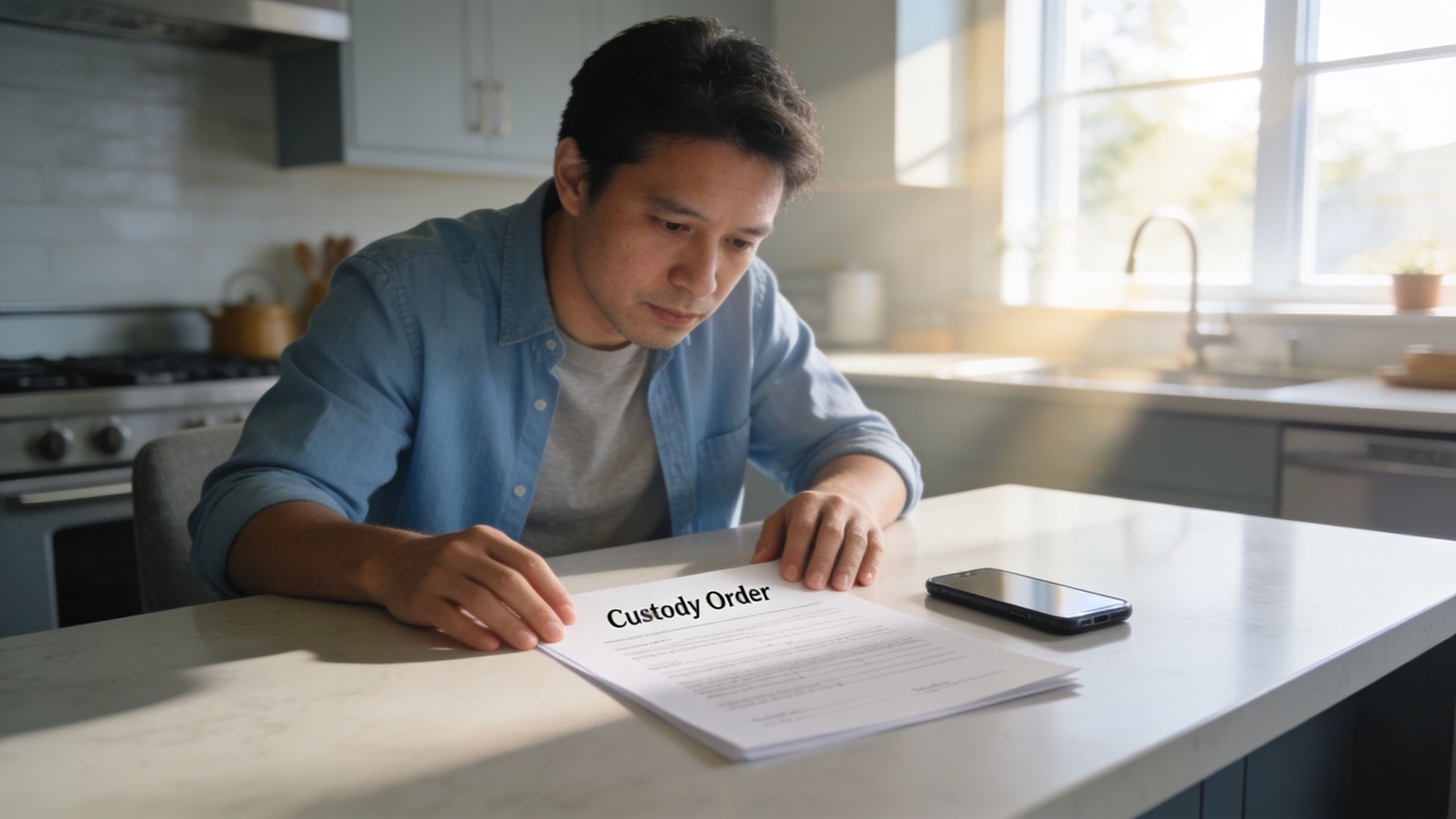 A pensive man sitting at a kitchen counter looking down at a custody order legal document.