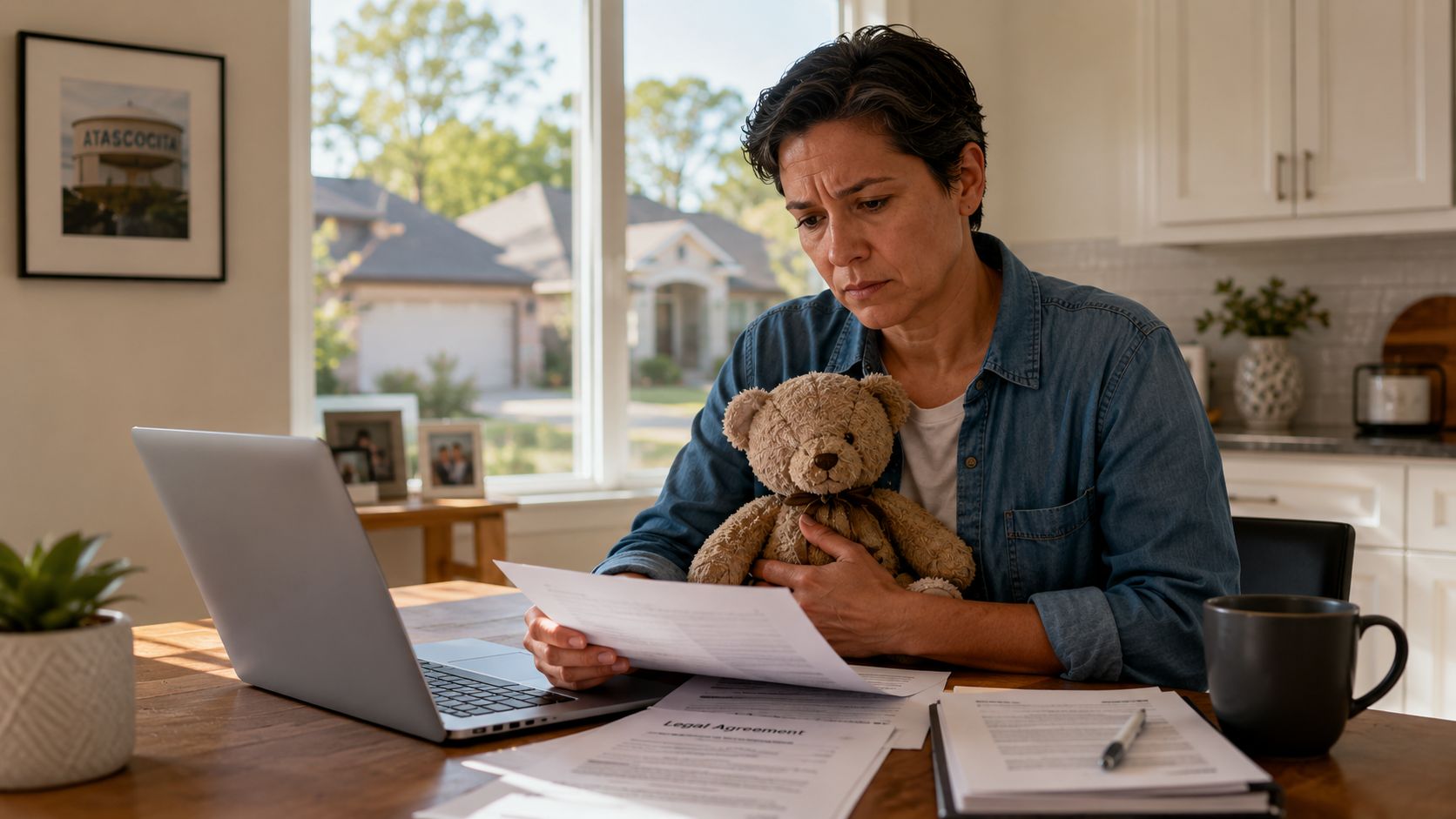 A concerned woman holding a teddy bear reviews legal documents at a table with her laptop.