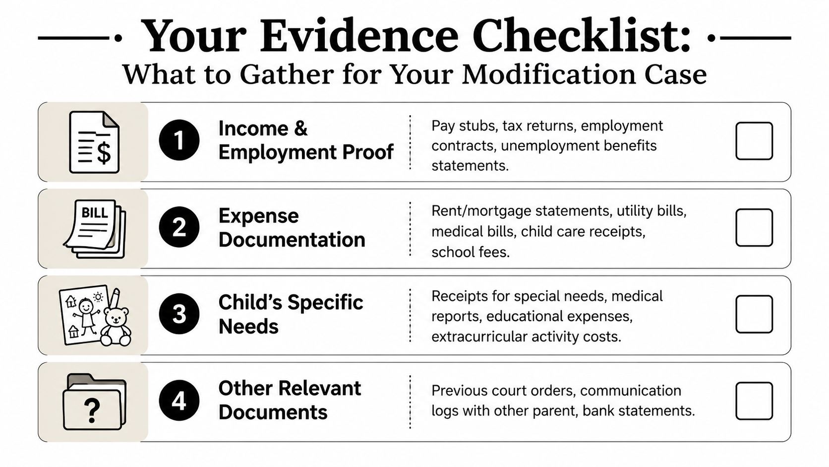 A checklist of essential documents needed for a child support modification court case.