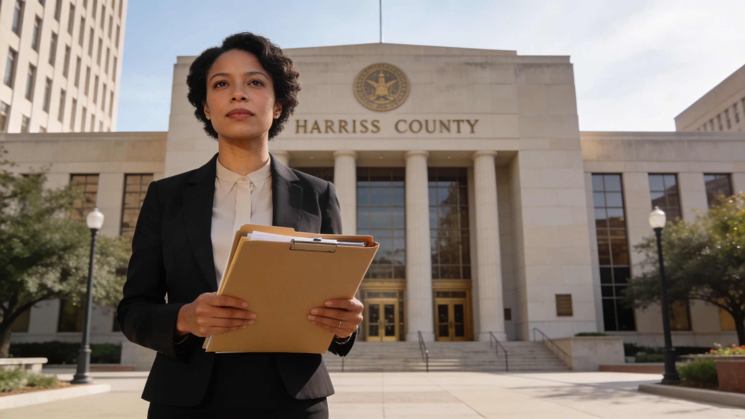 A professional woman holding a folder standing in front of a government courthouse building in Texas.