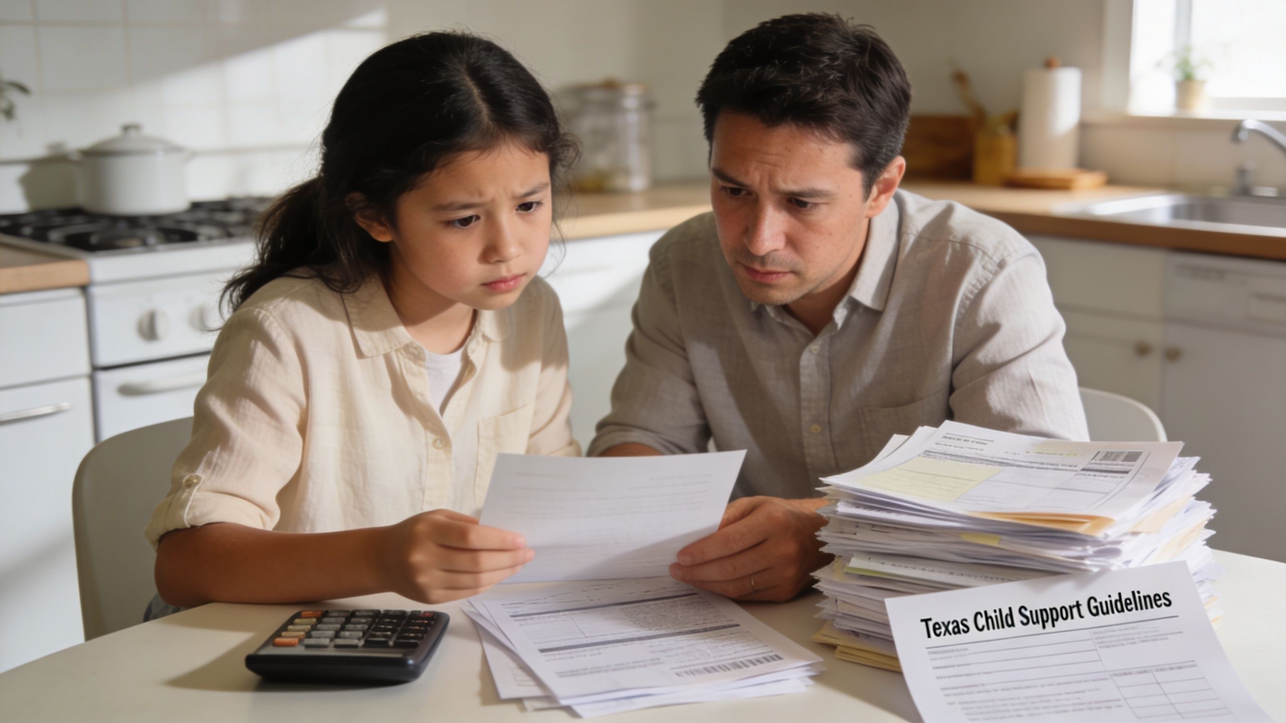 A concerned father and young daughter reviewing financial paperwork labeled Texas Child Support Guidelines at home.