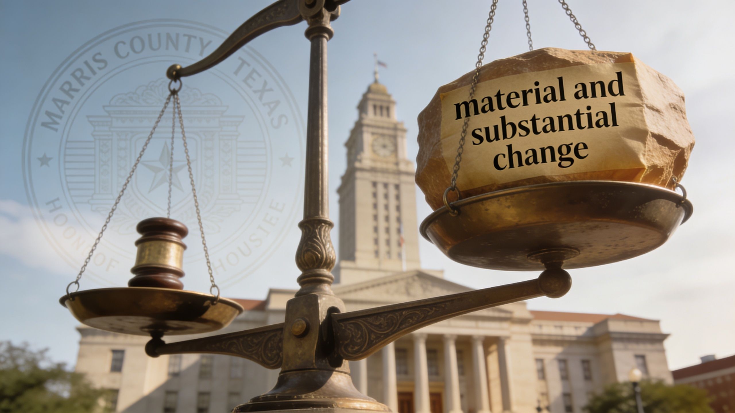 A scale of justice shows a gavel balancing against a rock labeled material and substantial change.