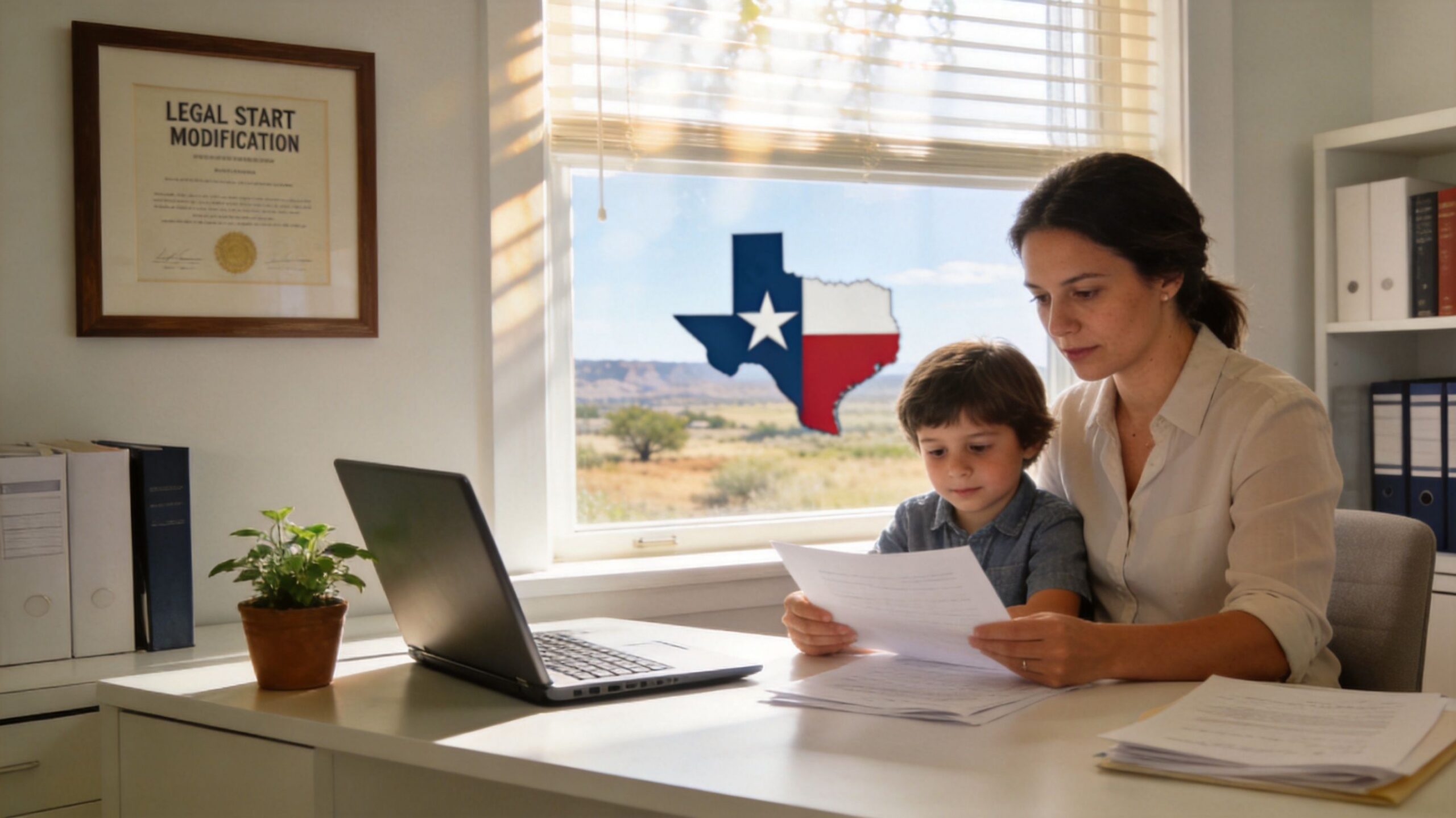 A mother and her young son reviewing legal documents together at a desk in a home office.