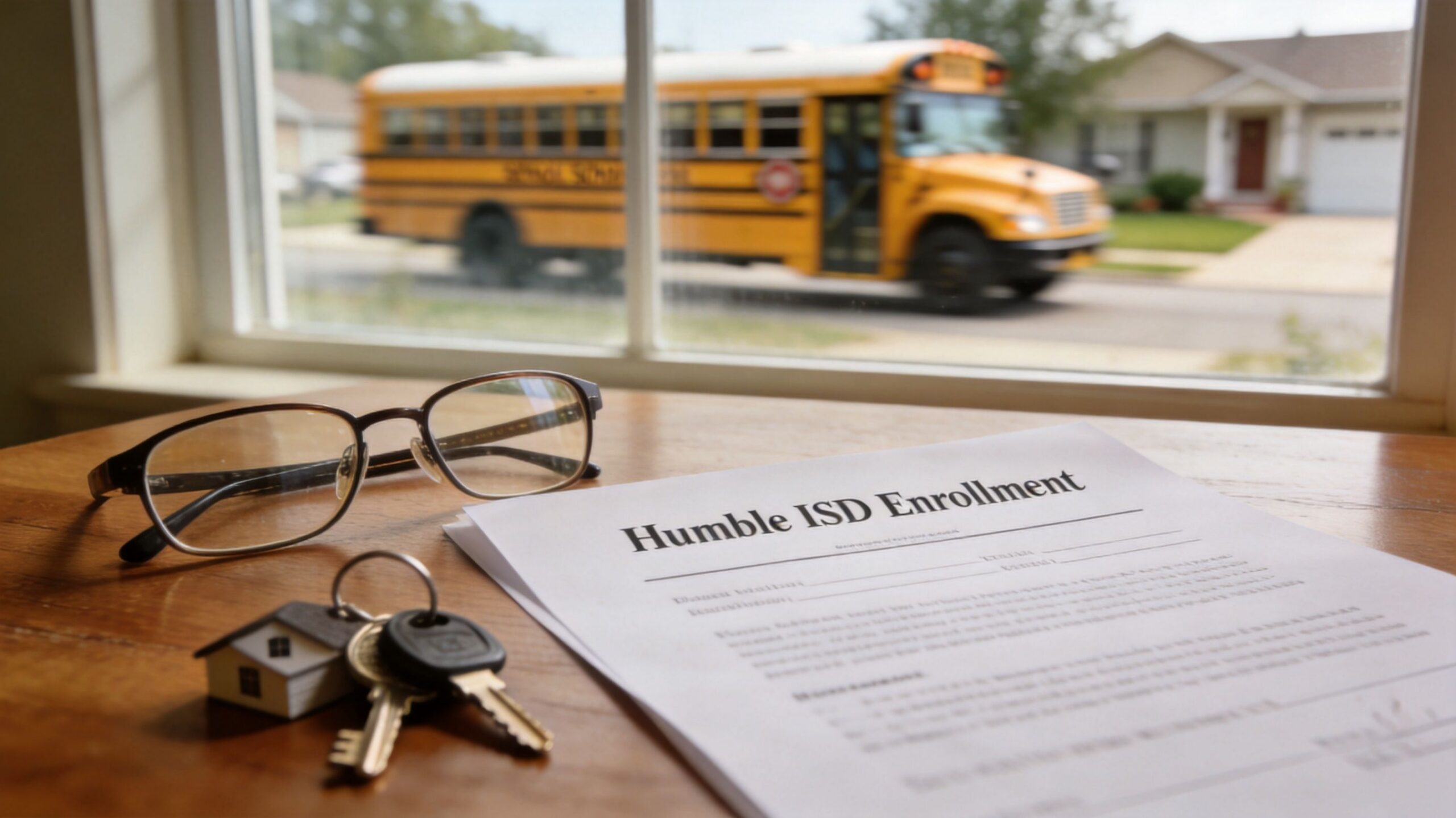 A school enrollment form sits on a wooden table with glasses and house keys near a window.