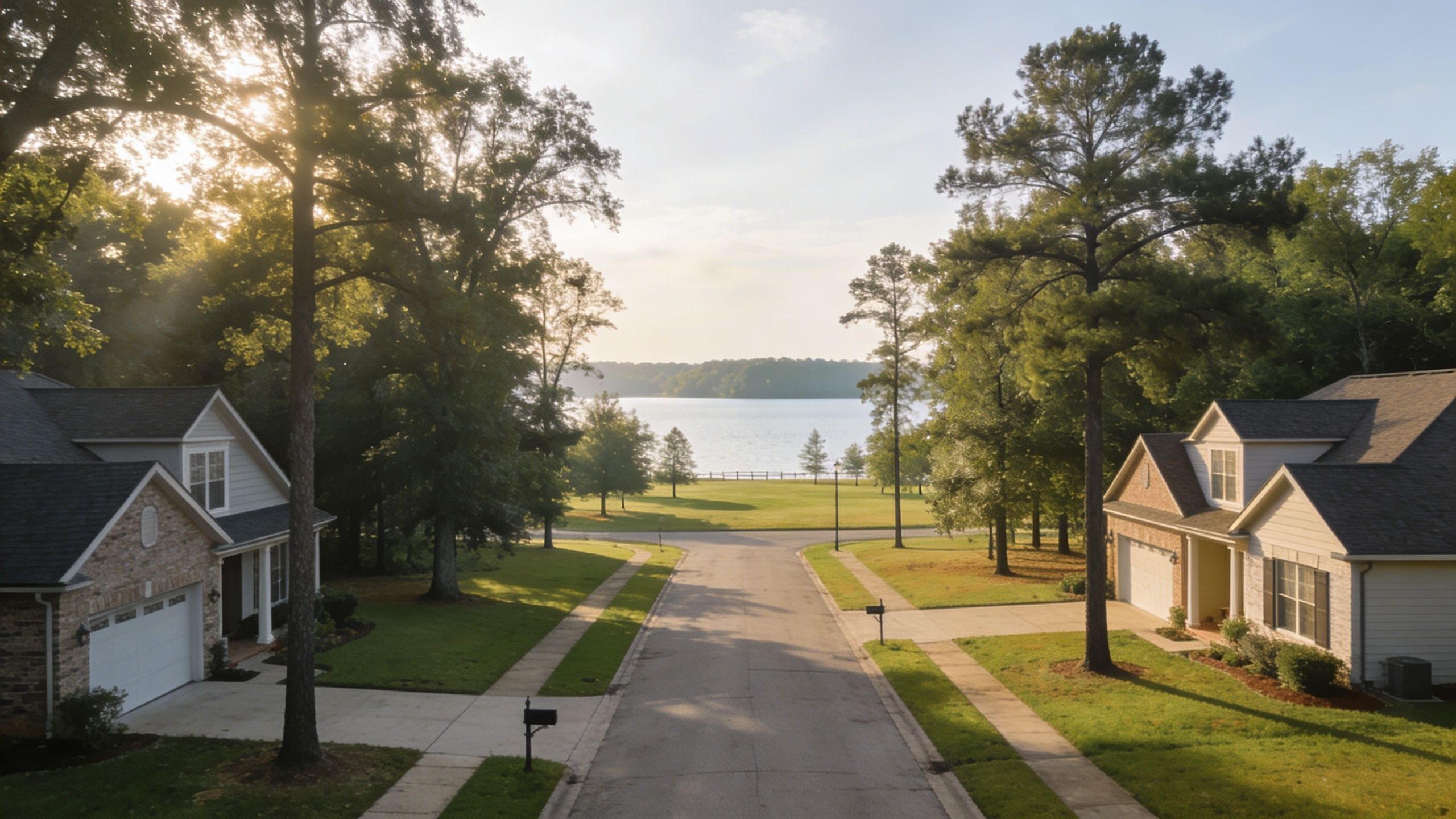 A quiet suburban residential street leading towards a calm lake at sunrise with large trees.