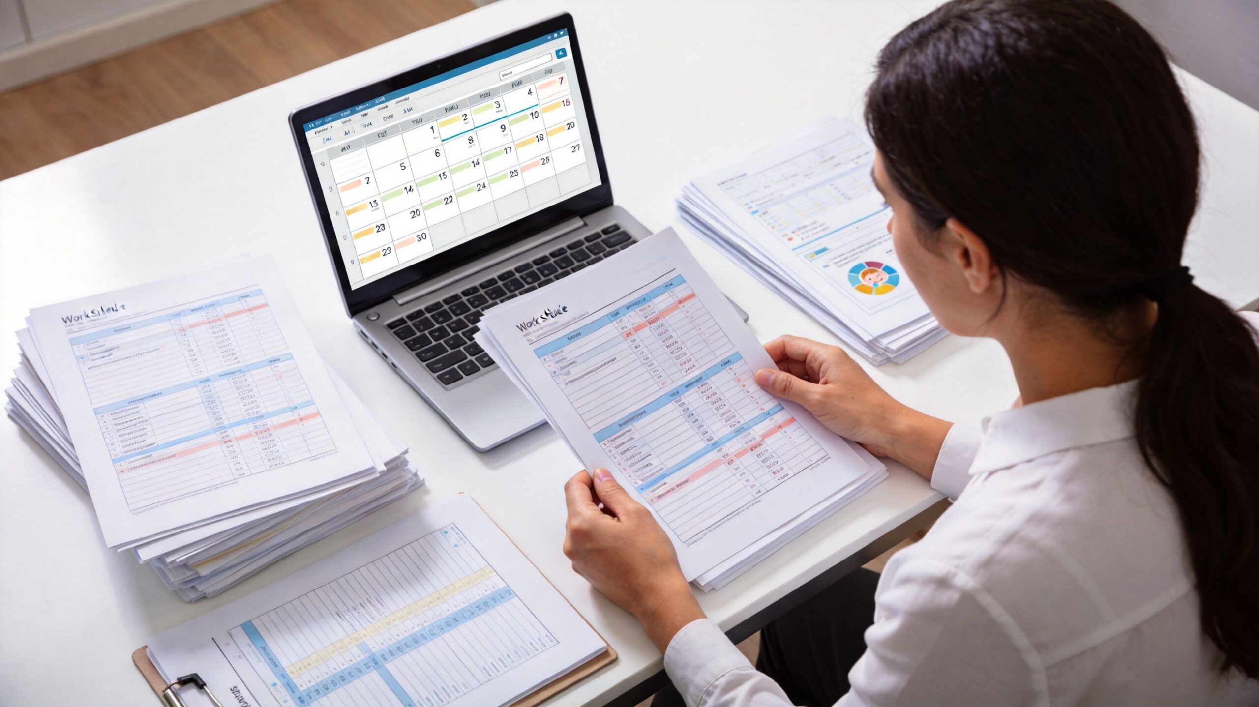 A professional woman reviews a work schedule document while looking at a calendar on her laptop computer.