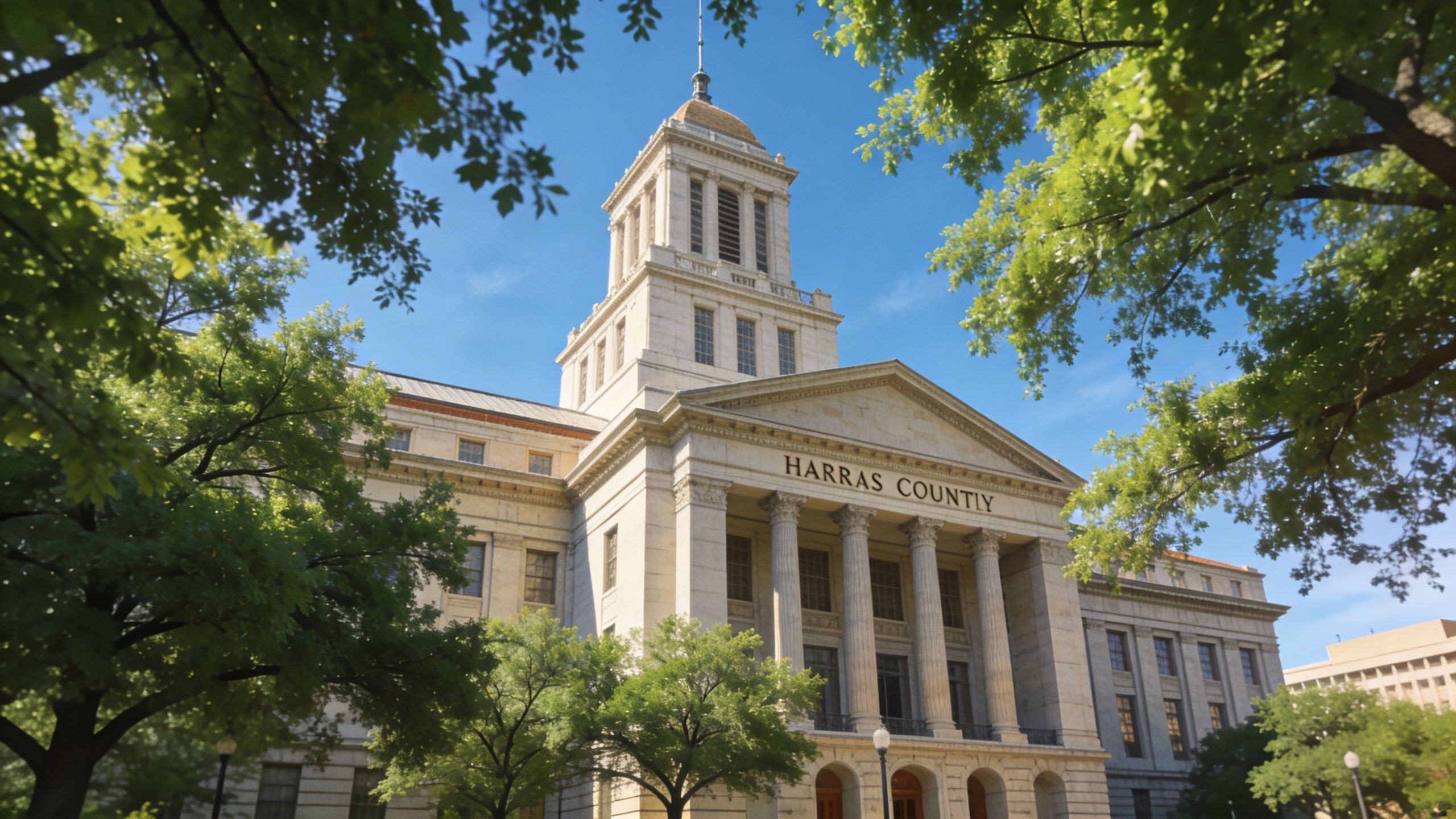 A historic stone courthouse building in Texas surrounded by green trees under a bright blue sky.