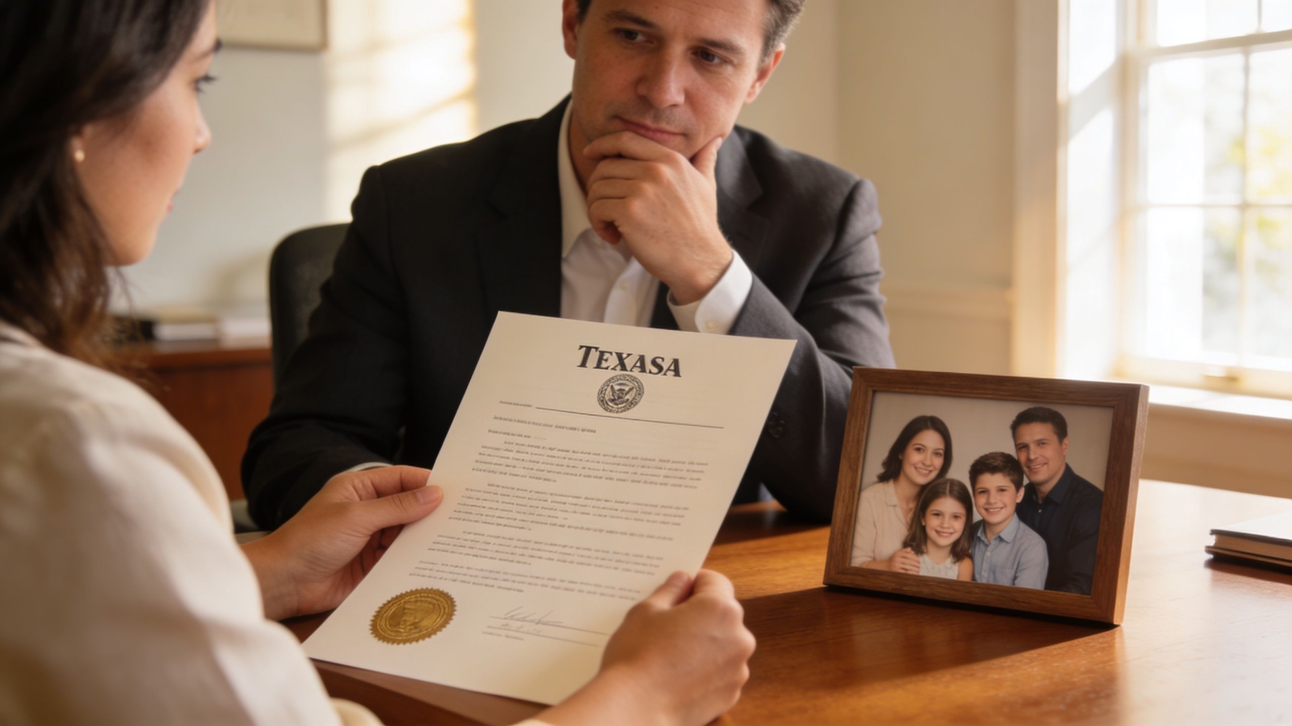 A man in a suit looks thoughtfully at a woman holding a legal document with a family photo.