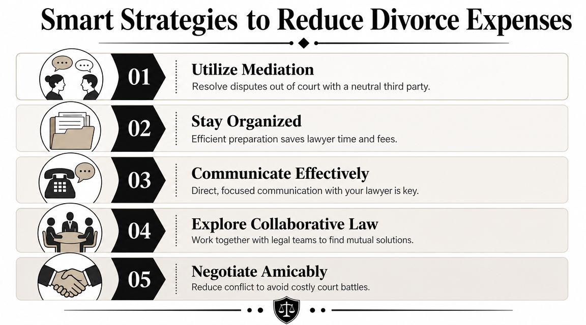 A list of five smart strategies to reduce expenses during a divorce process illustrated with icons.