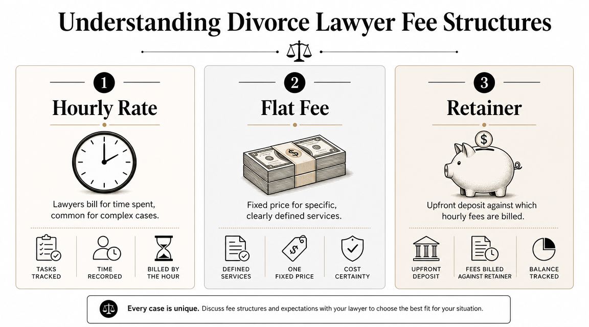 An infographic explaining three common divorce lawyer fee structures including hourly rates, flat fees, and retainers.