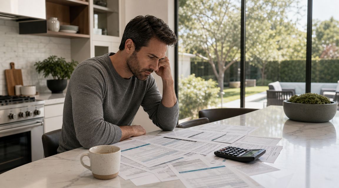 A concerned man reviewing financial documents and tax forms at a modern kitchen counter with a calculator.