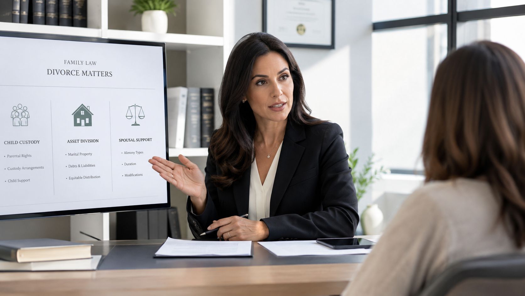 A professional female lawyer discusses divorce matters and legal aspects with a client in an office.