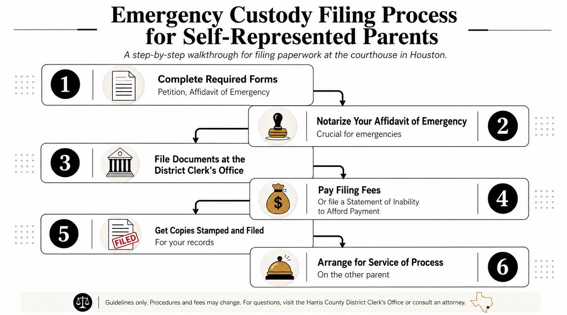 A six-step infographic detailing the process for self-represented parents filing for emergency custody in Houston, Texas.