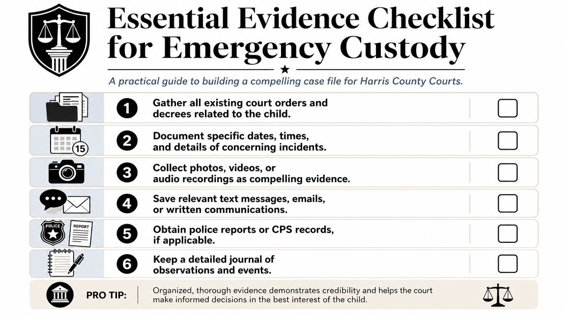 A checklist for gathering evidence to support an emergency child custody case in Harris County Courts.