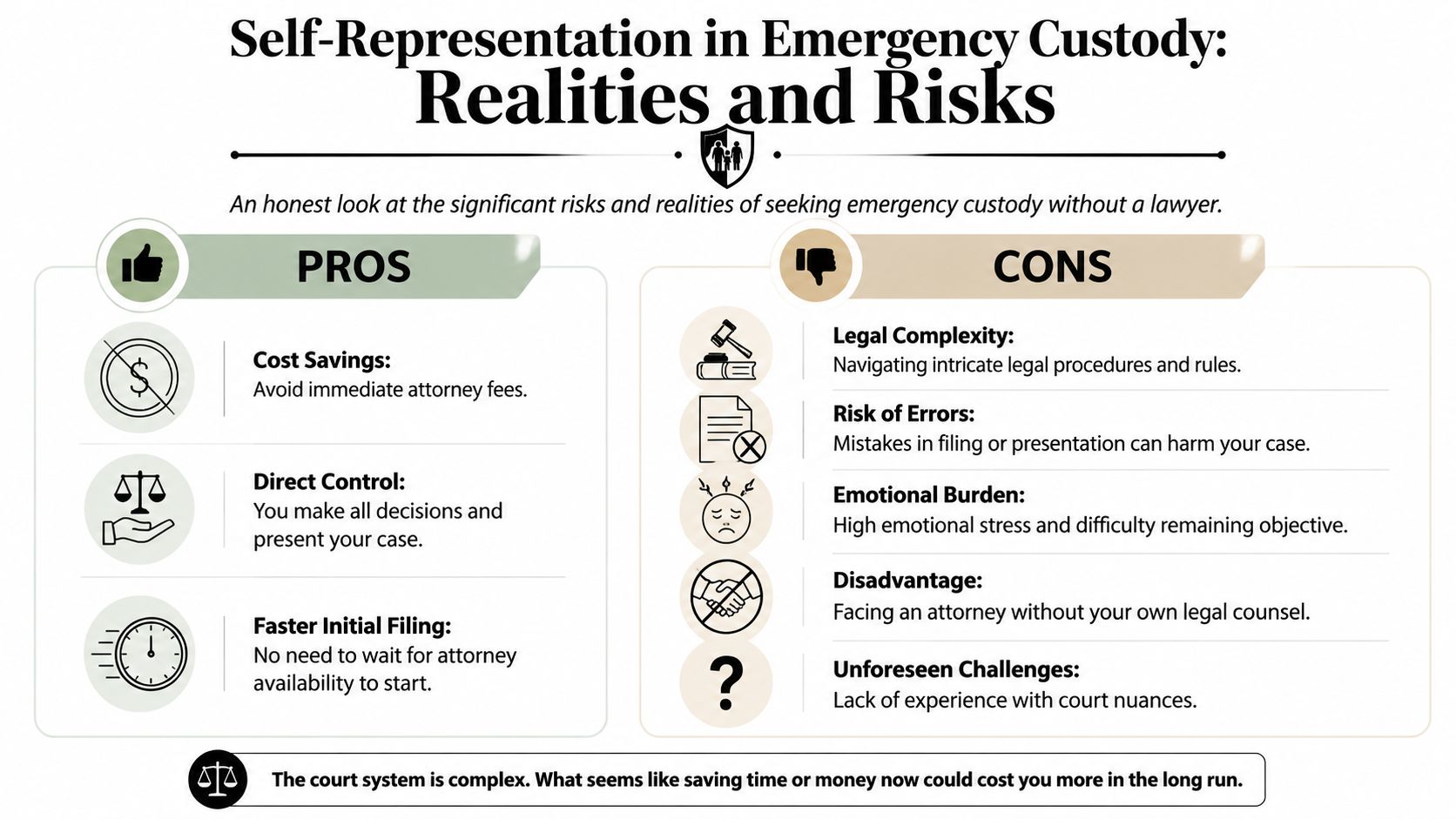 An infographic comparing the pros and cons of seeking emergency custody without a lawyer's representation.