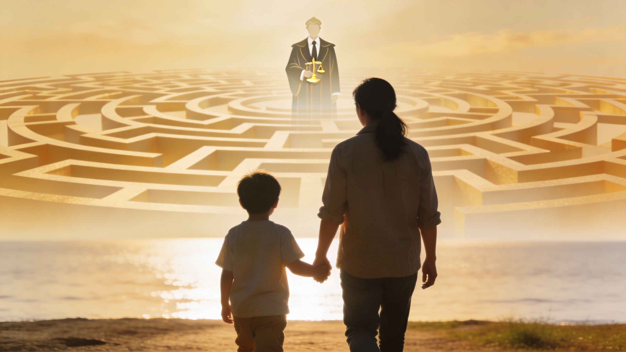 A parent and child walking towards a legal figure standing before a golden maze at sunset.