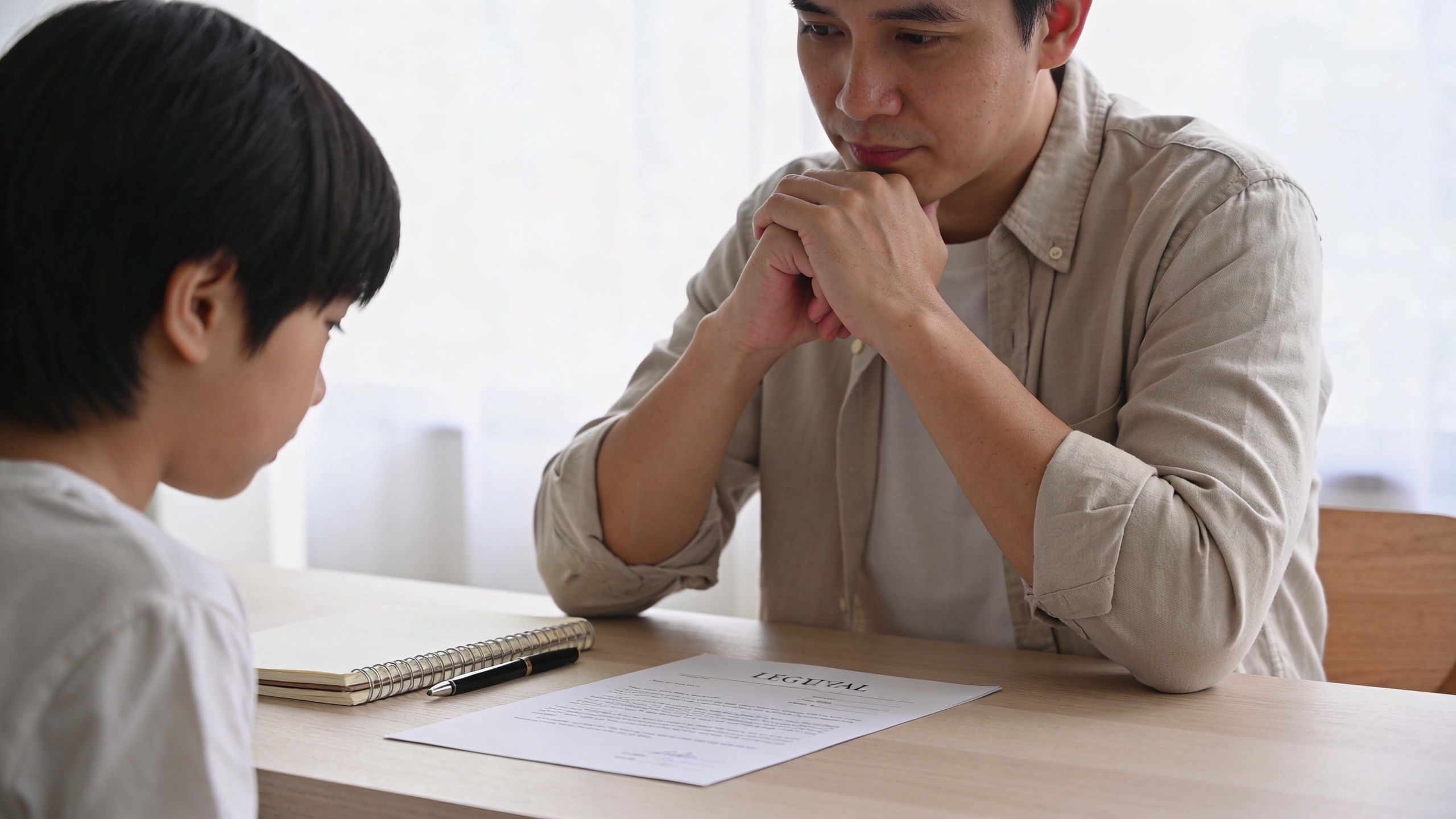 A concerned father sitting with his young son at a table reviewing a legal custody document together.