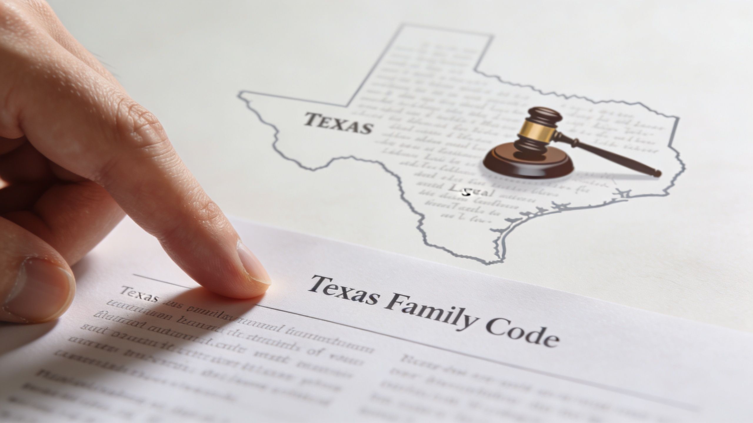 A hand pointing at the text Texas Family Code on a legal document featuring a state map.