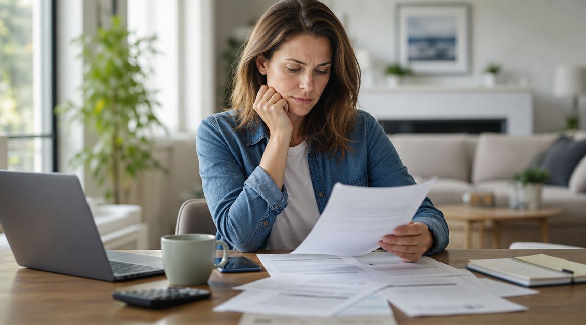 A concerned woman sitting at a desk reviewing financial documents in her home office environment.