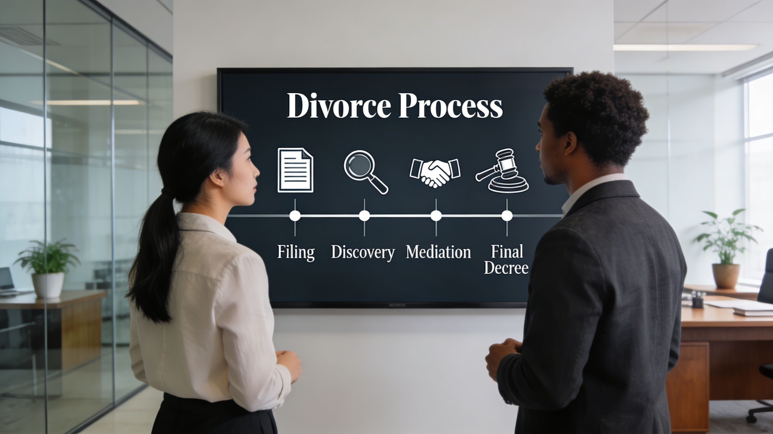 A professional man and woman discussing the four steps of the divorce process on a digital screen.