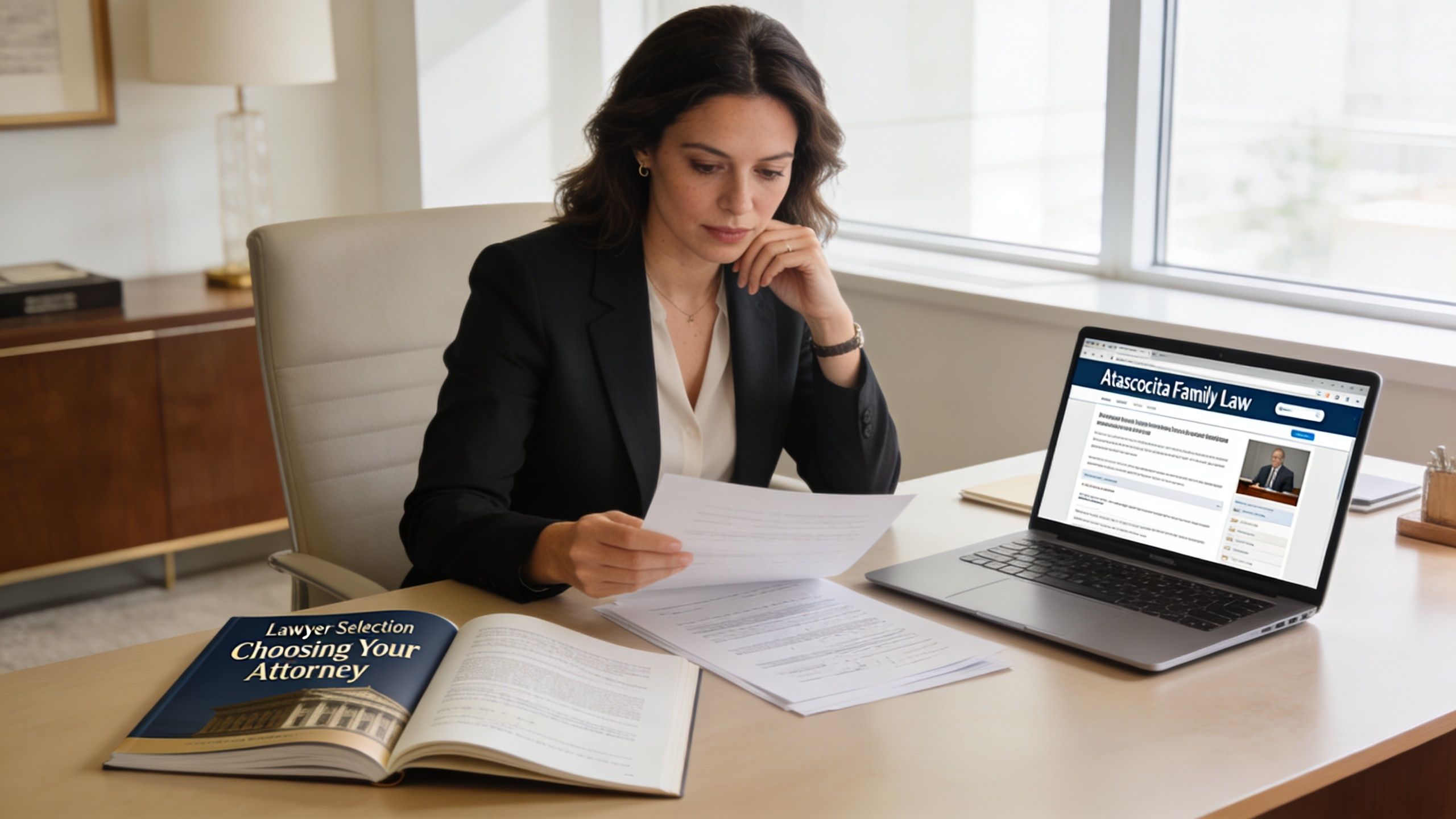 A professional woman in a suit reviews legal documents while researching Atascocita Family Law on her laptop.