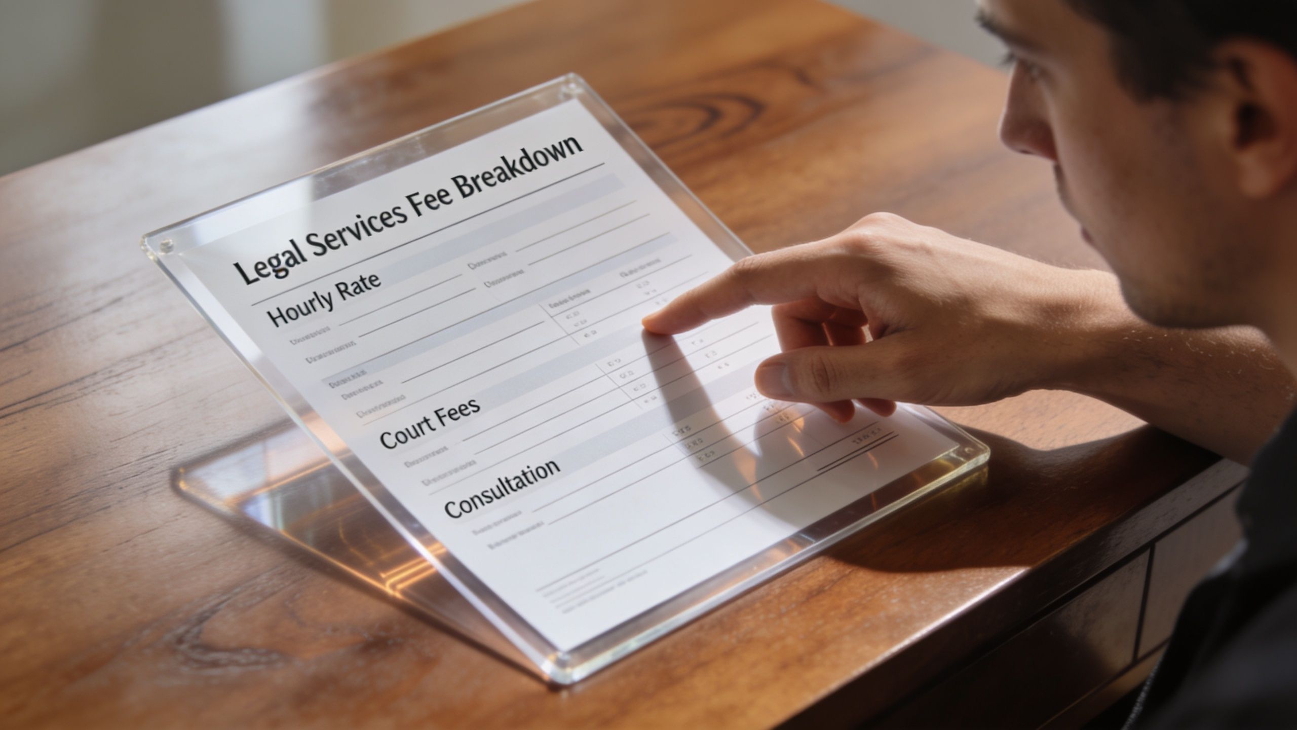 A man reviewing a document about legal services fees on a transparent display at a wooden table.