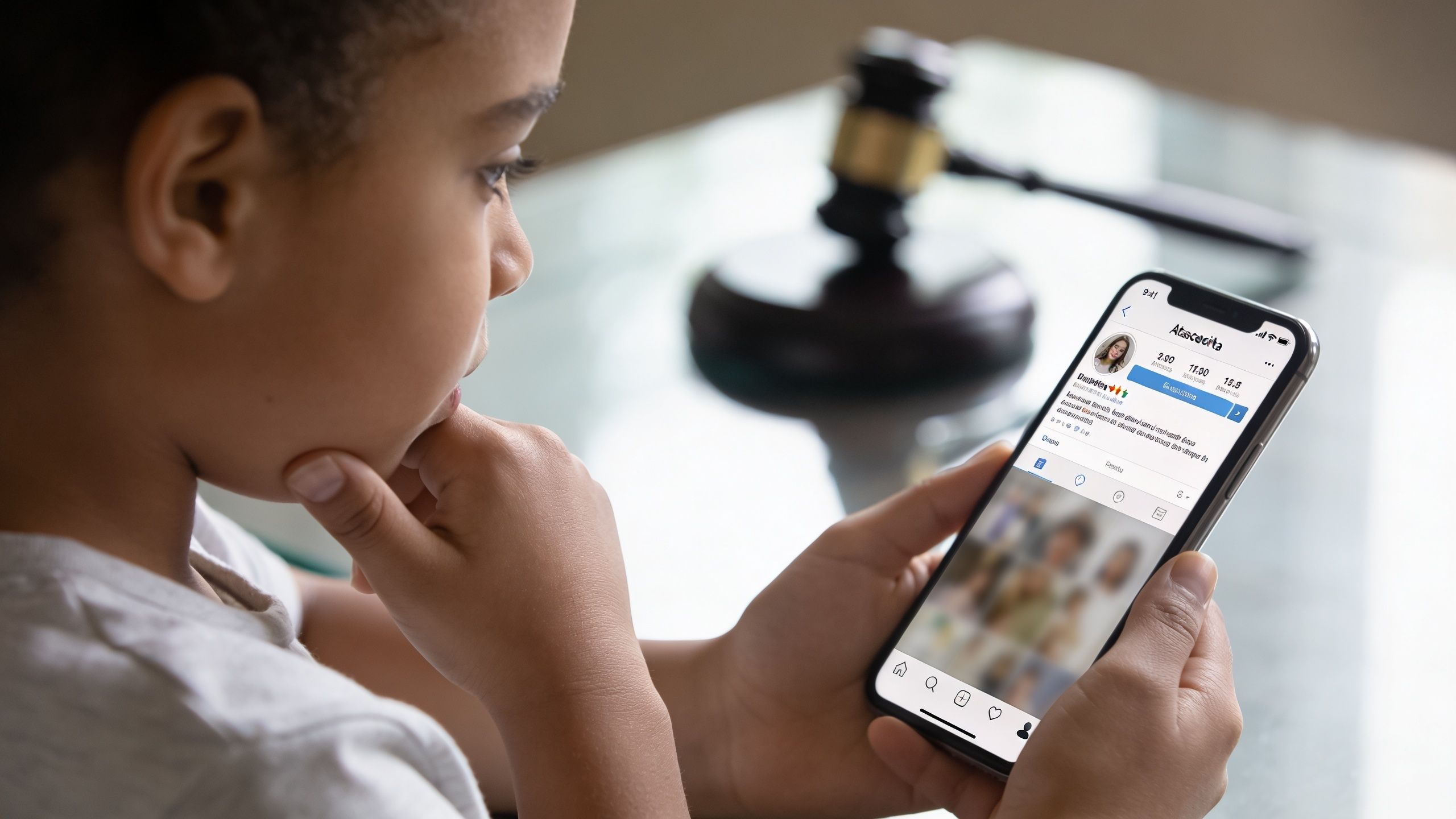 A young child looking at a social media profile on a smartphone with a gavel in the background.
