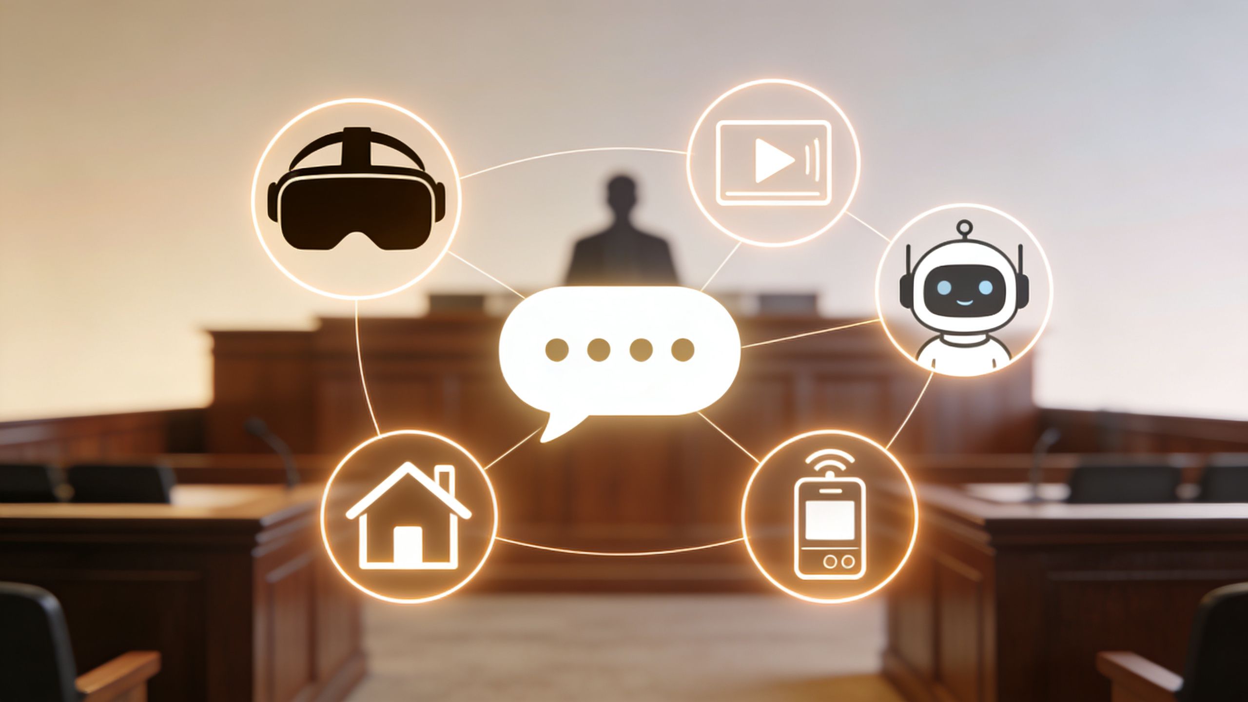 A courtroom setting with digital icons representing social media, virtual reality, and communication connected to a central speech bubble.