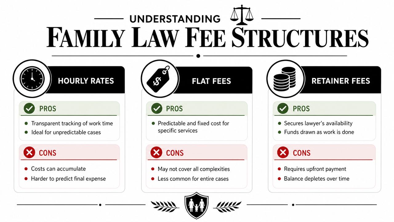 A visual guide explaining the pros and cons of hourly, flat, and retainer fee structures in family law.