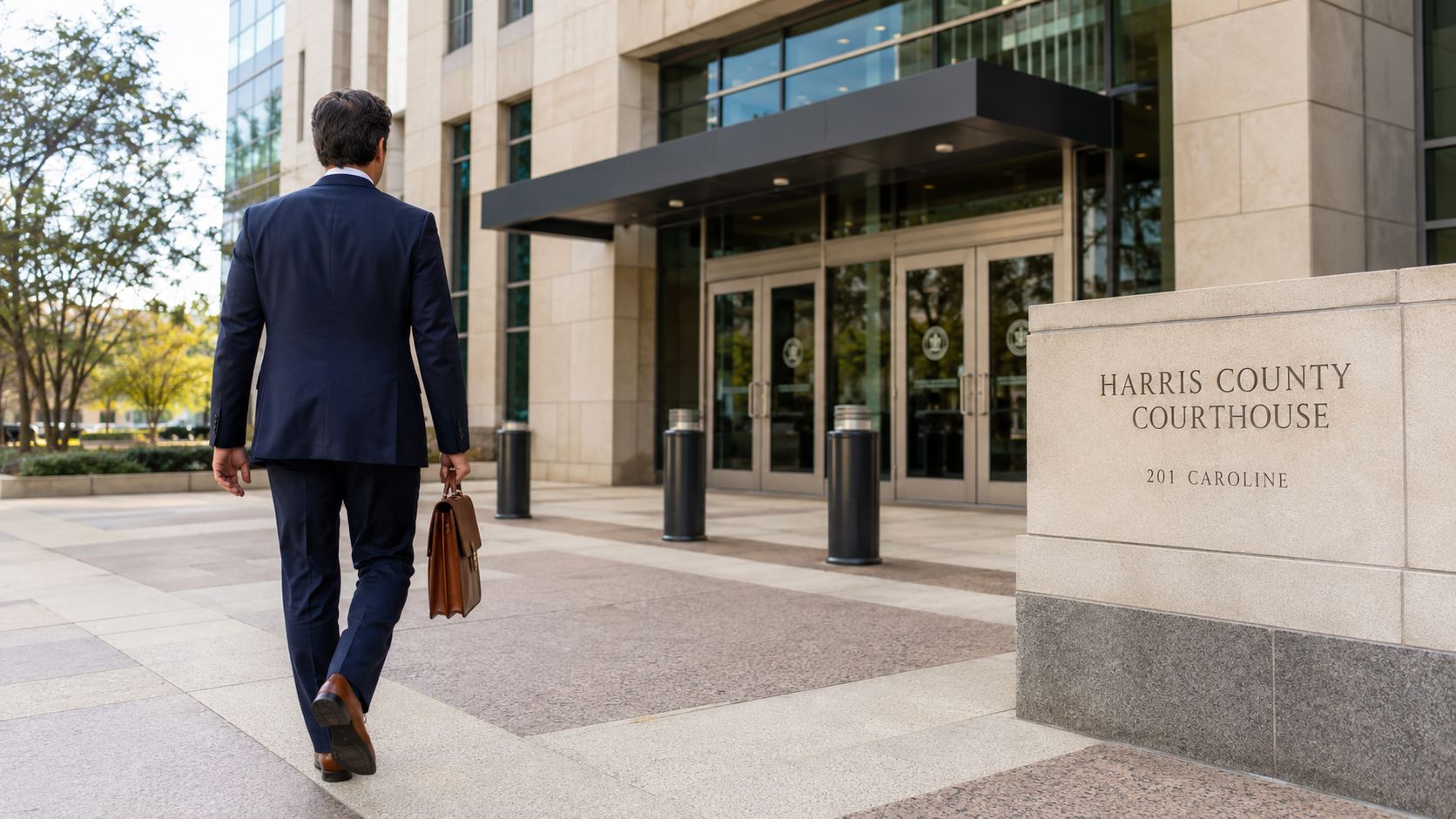 A professional man in a business suit walking toward the entrance of the Harris County Courthouse.