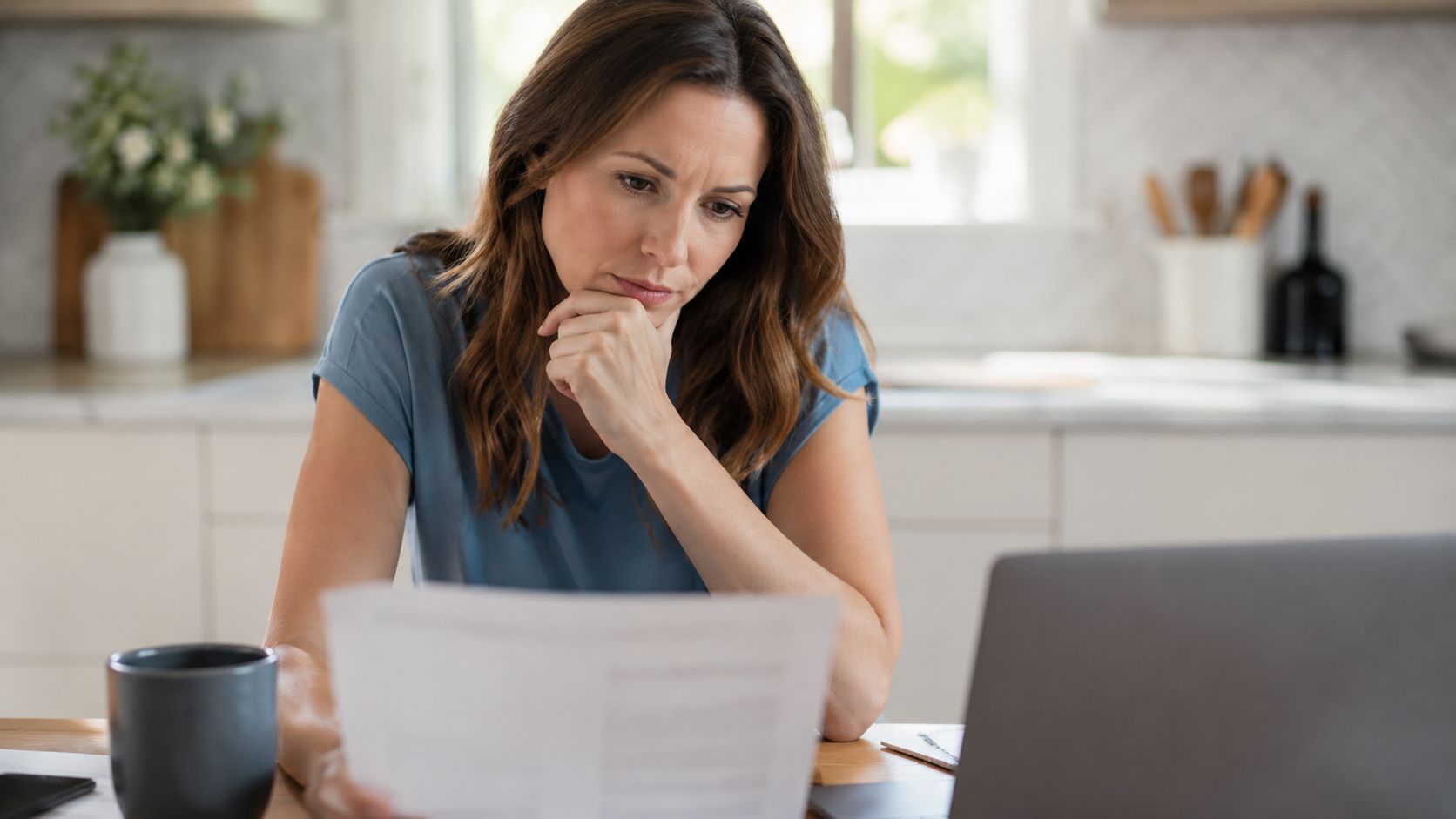 A focused woman sitting at her kitchen table reading a document while using a laptop computer.