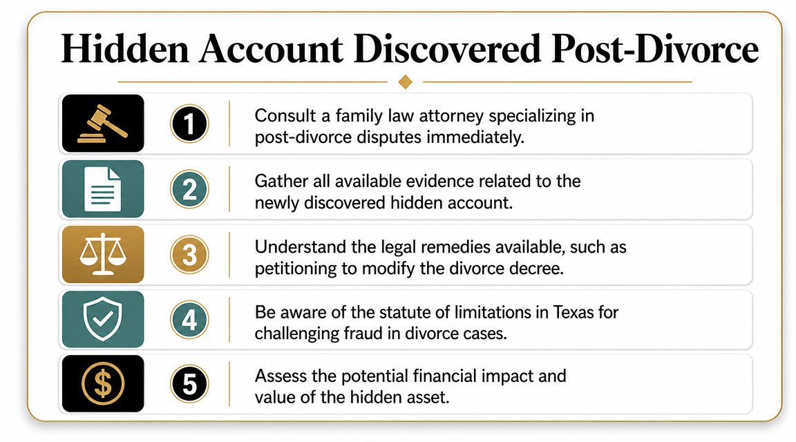 A checklist infographic titled Hidden Account Discovered Post-Divorce outlining five legal and financial steps to take.