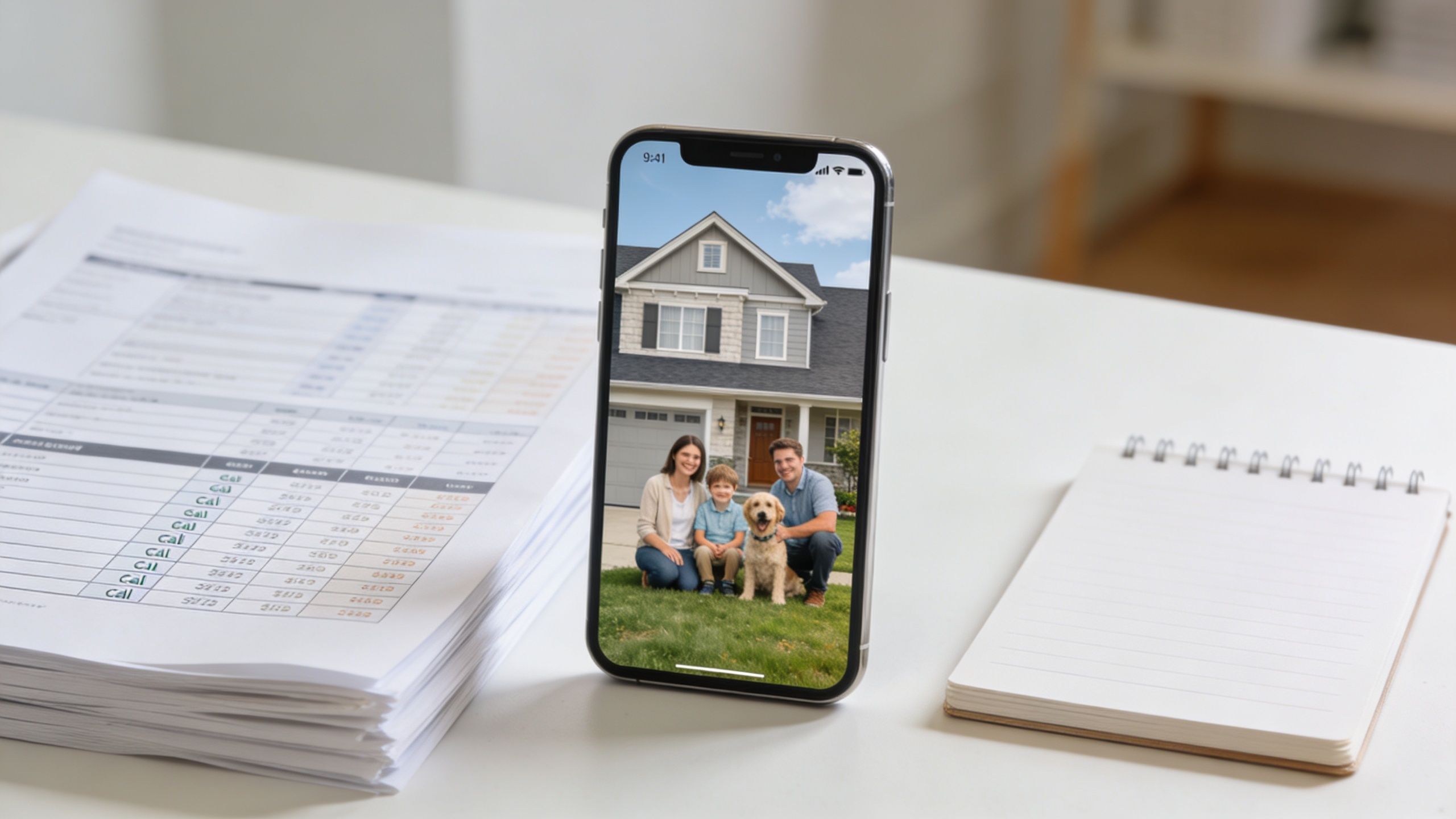 A smartphone on a desk showing a happy family with their dog in front of their home.