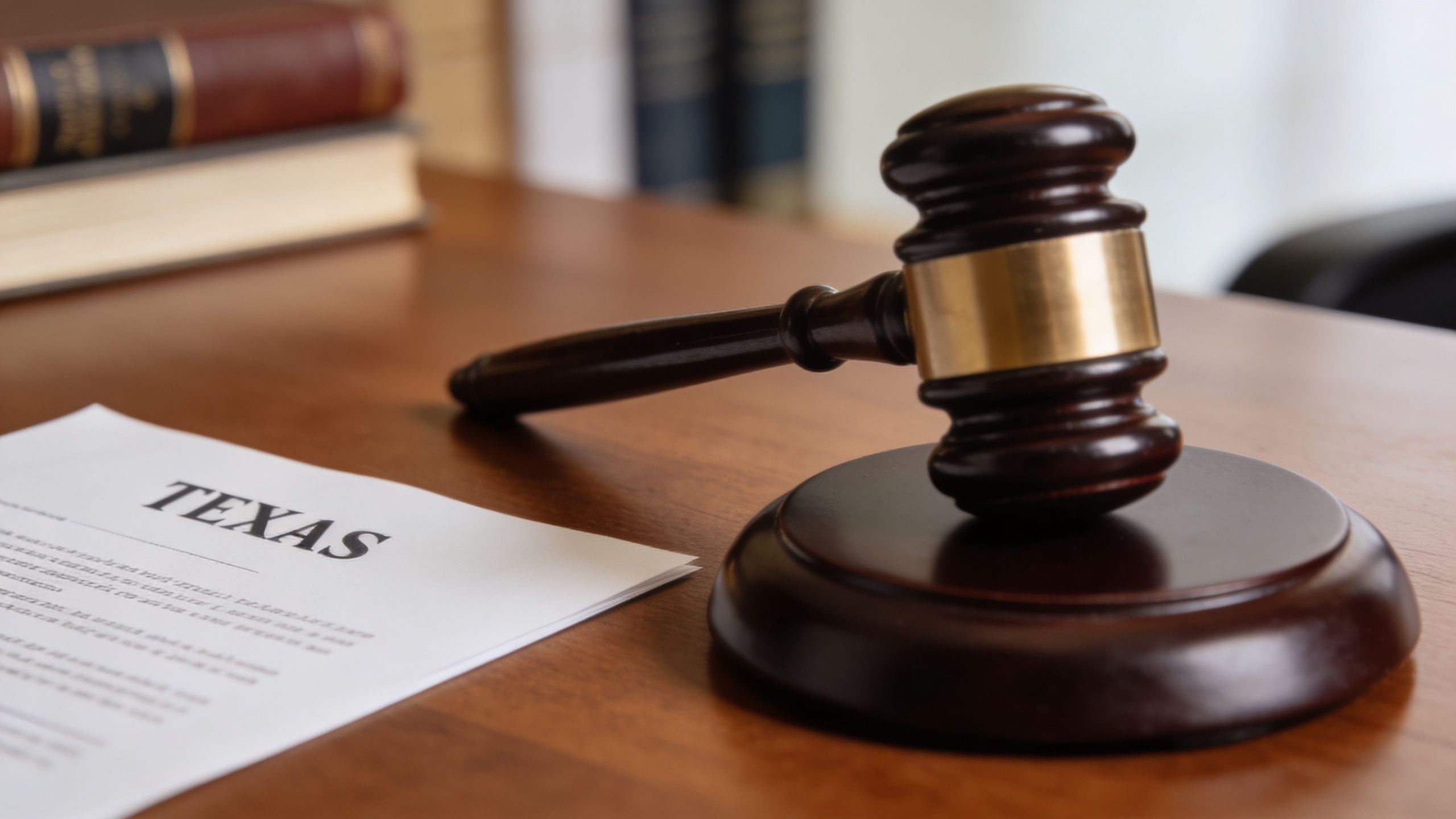 A wooden gavel resting on a table beside a legal document with the word Texas visible.
