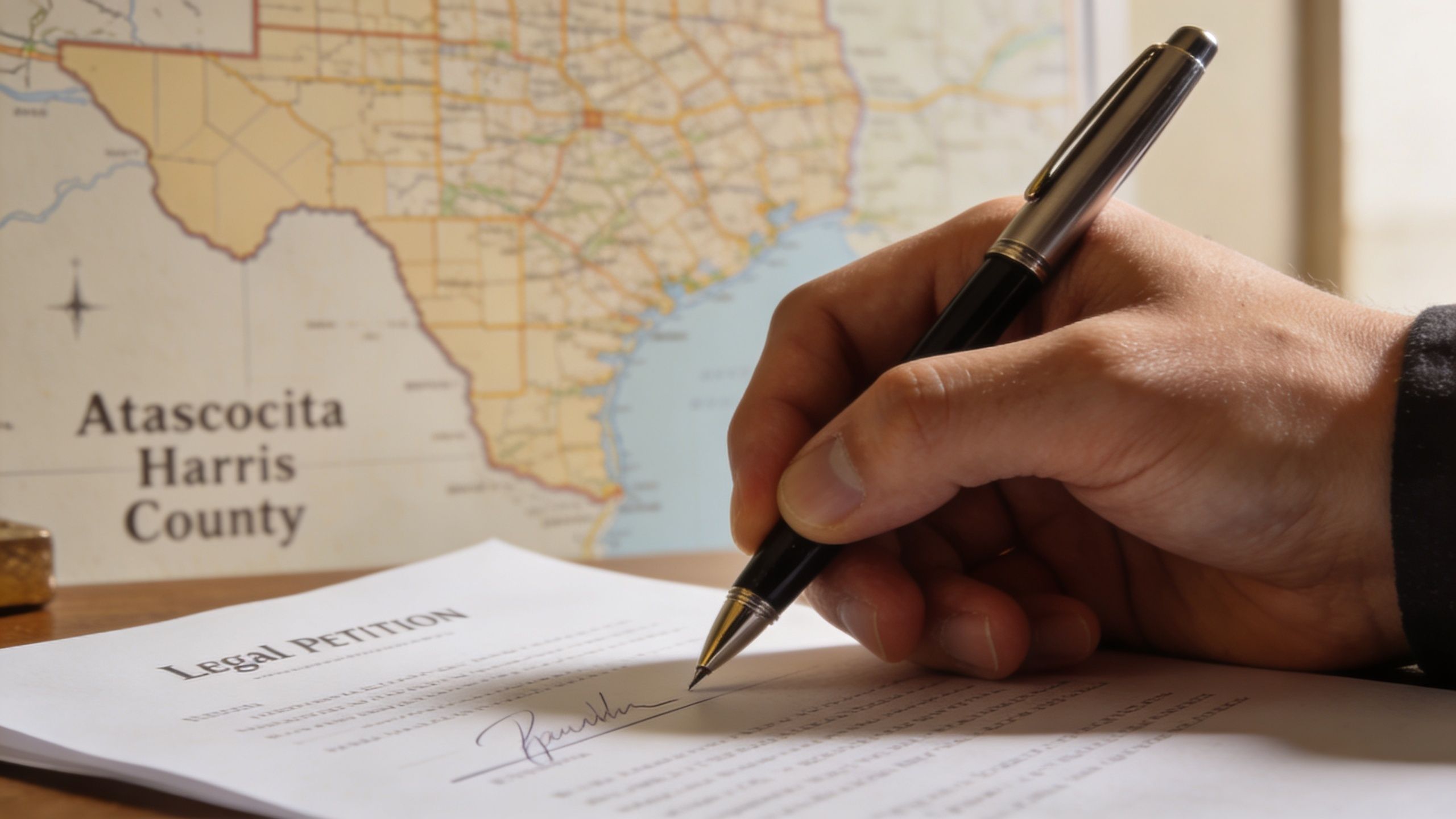 A close-up shot of a person signing a legal petition document in front of a Texas map.