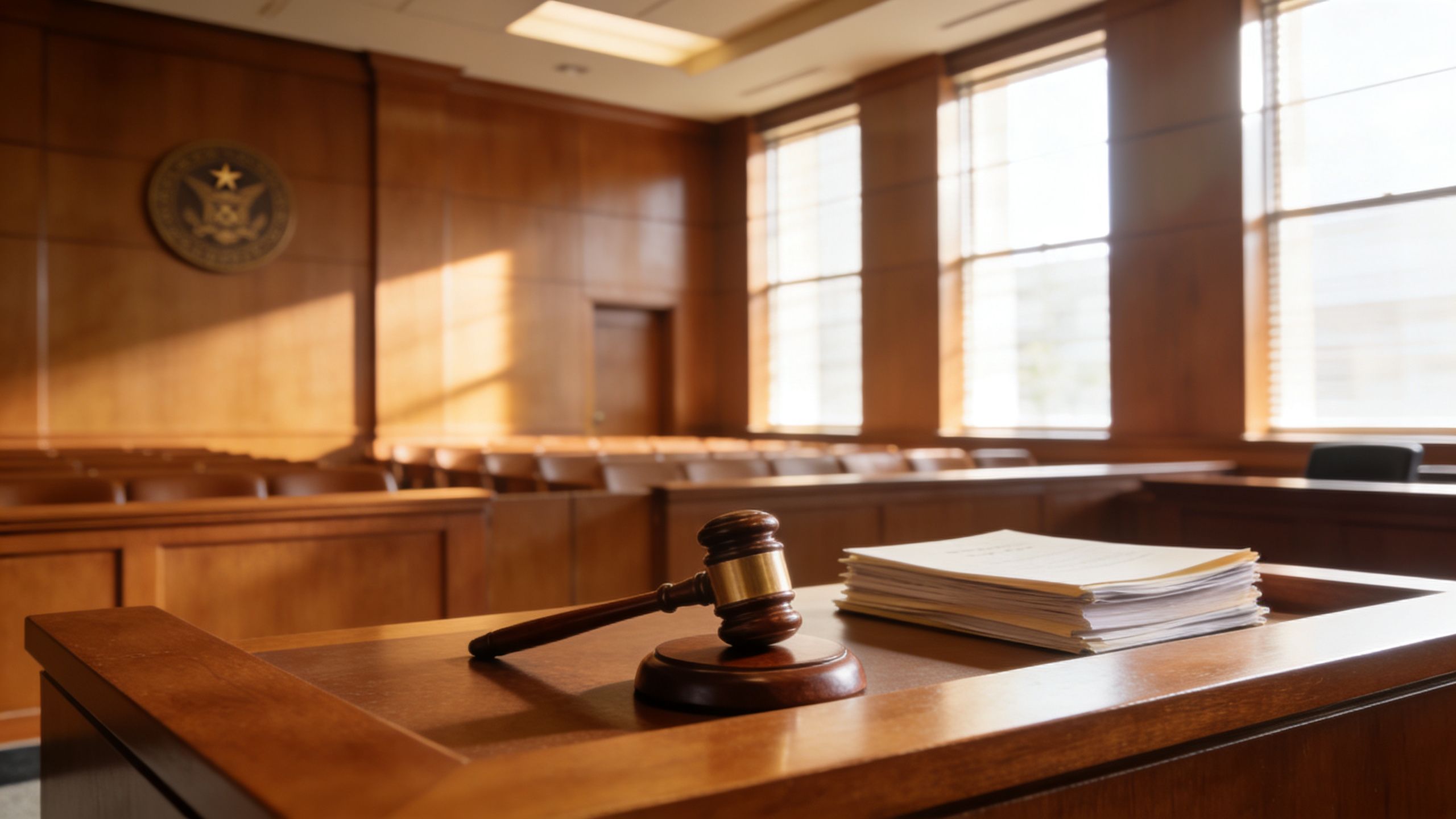 A wooden gavel and a stack of legal documents resting on a courtroom judge's bench.