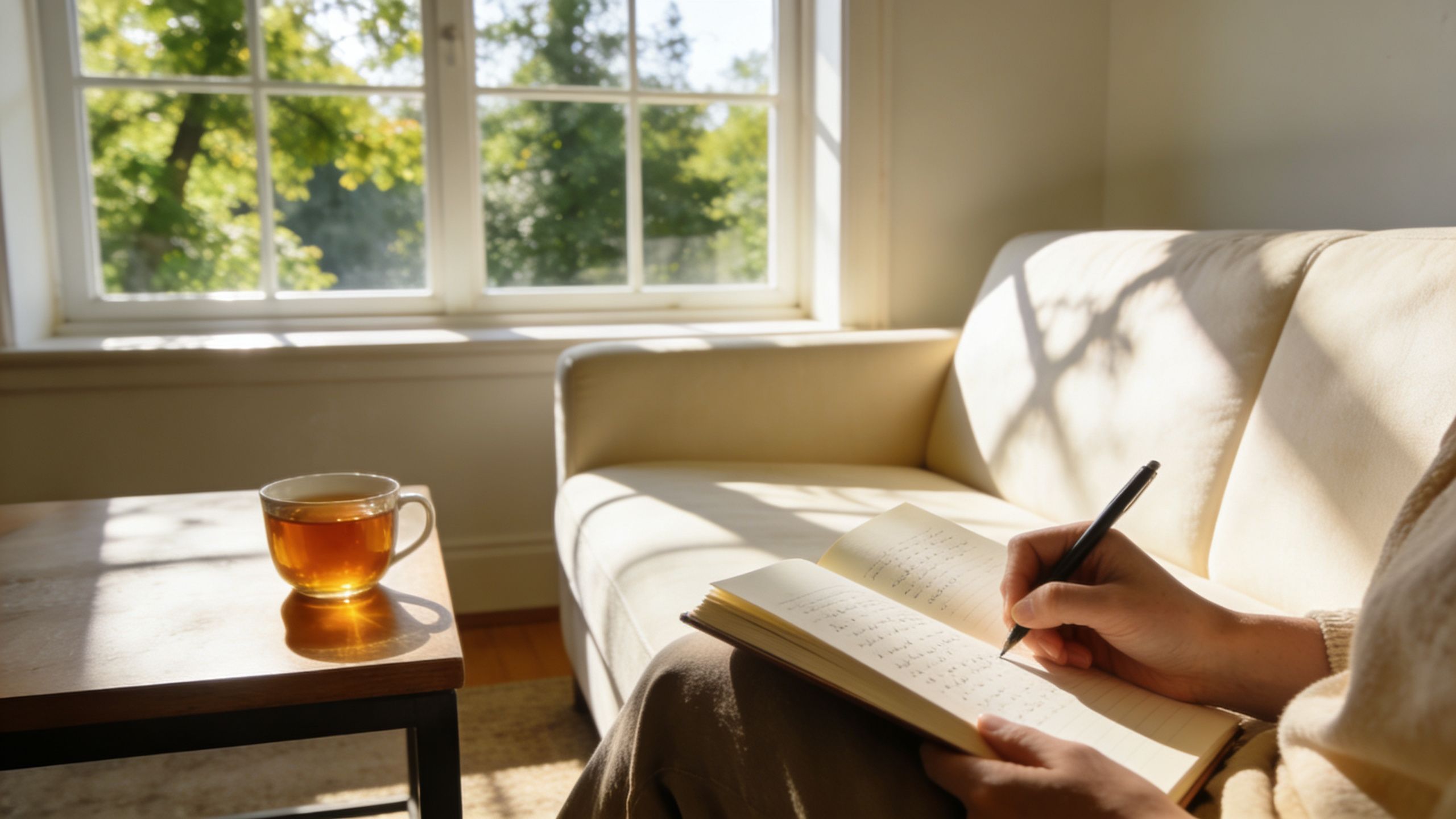 A person writing in a journal while sitting on a light-colored sofa near a sunny window.